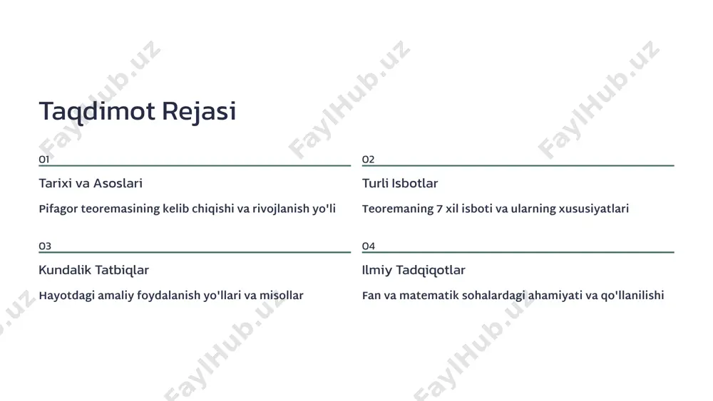 yta joylashtirish orqali isbot algebraik isbot kvadratlar maydonlarini hisoblash va algebraik tenglamalar yordamida matematik isbot berish usuli evklid isboti evklidning mashhur "elementlar" kitobida keltirilgan klassik geometrik isbot, eng qat'iy hisoblanadi zamonaviy va noodatiy isbotlar vizual isbotlar mathologer va boshqa zamonaviy matematiklar tomonidan yaratilgan animatsion va interaktiv isbotlar. ular teoremani ko'rgazmali tarzda tushuntiradi qayta joylashtirish usullari uchburchaklarni turli yo'llar bilan kesish va qayta joylashtirish orqali hosil bo'ladigan isbotlar madaniyatlararo kashfiyotlar turli madaniyatlarda mustaqil ravishda kashf etilgan isbotlar va ularning o'ziga xos xususiyatlari pifagor teoremasining isbotlari diagrammasi klassik geometrik kvadratlarni kesish va birlashtirishga asoslangan algebraik yondashuv tenglamalar va algebra qoidalariga asoslangan zamonaviy vizual animatsiya va interaktiv elementlar bilan turli madaniyatlar xitoy, hind va boshqa madaniyatlardagi isbotlar kundalik hayotdagi tatbiqlar nazariyadan amaliyotga: har kuni uchraydigan misollar va foydalanish yo'llari arxitektura va qurilish pifagor uchligi 3-4-5 nisbati to'g'ri burchaklarni aniqlashda qo'llaniladi. bu eng oddiy va ishonchli usul balandlik hisobi binolar balandligini va devor uzunligini …