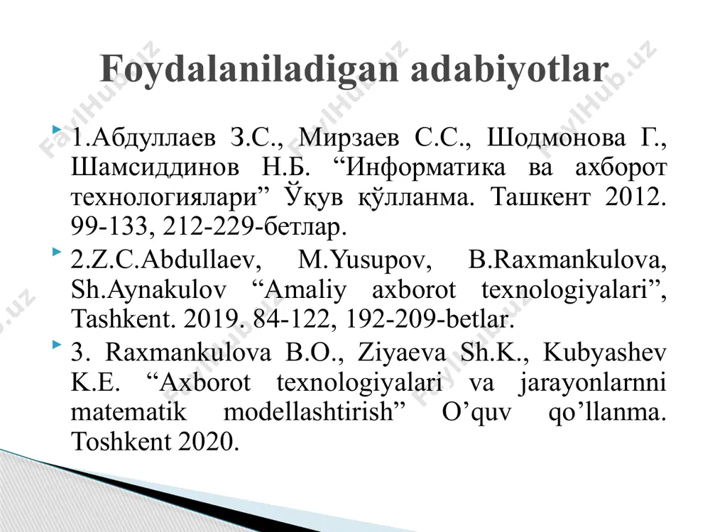 lish mumkin. odatda bu shakl ob’ekt deb ataladi. ob’ekt o’z ichiga faqat oddiy figuralarni emas, balki ularga yozilgan izohlarni ham oladi. mutaxassislik masalalarini hujjatlashtirishda word dasturida ob’ektlardan foydalanish ms powerpoint amaliy dasturi dasturning asosiy vazifasi – ma’ruzalar, har xil tadbirlar, reklamalar uchun taqdimotlar tayyorlash va ularni turli xil ko’rinishda formatlash. taqdimotlar yaratishda jadvallar, rasmlar, diagrammalar, grafiklar fil’m va ovoz yozuvlaridan, boshqa amaliy dasturlarda hosil qilingan ob’ektlardan foydalaniladi. bu dasturda hosil qilingan hujjat prezentatsiya(taqdimot) deb ataladi, va u ppt kengaytmasiga ega bo’ladi. главная menyusiga kirish. yangi slayd hosil qilish. slaydga maket tanlash. slaydga kerakli ma’lumot va ob’ektlarni kiritish. slayd uchun dizayn tanlash. slayd parametrlarini o’rnatish. fonga rang tanlash. slaydga animatsiya tanlash. yangi slayd yaratish 13 кнопка «office» yangi prizentatsiya hosil qilish; xotiradagi tayyor prizentatsiyani ochish; prizentatsiyani xotirada saqlash; prizentatsiya nomini o’zgartirish; prizentatsiyani chop etish; faol prizentatsiyani ekrandan olib tashlash; powerpoint dasturi parametrlarini sozlash; powerpoint dasturidan chiqish 15 buferdagi ob’ektni kerakli joyga …
