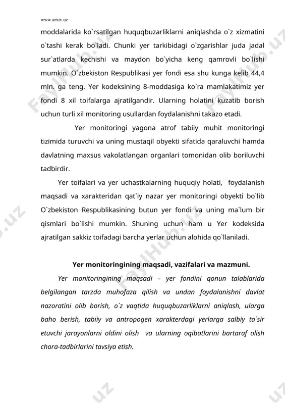 tlar va global monitoring – xalqaro tashkilotlar tomonidan olib boriladi. o`zbekiston respublikasida yer monitoringini olib borish normativ hujjatlarga ko`ra – lokal, regional va respublika miqyosida olib borish ko`zda tutilgan. lokal yer monitoringi ma`lum bir yer uchastkalari yoki ekologik-landshaftlar majmuasi (qo`riqxona, milliy bo¦, buyurtma qo`riqxona va shu kabi alohida muhofaza etiladigan hududlar yoki landshaftlarda) bo`yicha olib boriladi. regional yer monitoringi tabiiy geografik kengliklarda (ustyurt platosi, orol bo`yi, pskom to¦ tizmasi, far¦ona vodiysi, sherobod cho`li…) va ma`muriy-hududiy qismlarda (qoraqalpo¦iston respublikasi viloyatlar, tumanlar)da olib boriladi. yer monitoringining mazmuni maxsus tashkillashtirilgan tasvirlash, izlanish va qidirishga doir tizimli kuzatishlardan iboratdir. ularga: yerlarni egalari va yerdan foydalanuvchilarning yer toifalari, yer uchastkalari, dalalari, qishloq xo`jalik yerlari (su¦orma, lalmi, yaylov, haydalma), ekologik – landshaft majmualari; tuproq unumdorligiga ta`sir qiluvchi jarayonlar va omillar – aridlanish (quriqlanish), saxrolanish (cho`llanish), suv va shamol eroziyasi, gumus (chirindi) miqdorining o`zgarishi, tuproq tuzilmasining o`zgarishi, gipslashish, yovvoyi o`tlar bilan qoplanish, sho`rlanish, ekin maydonlarining butalashuvi, tuproqlarni …