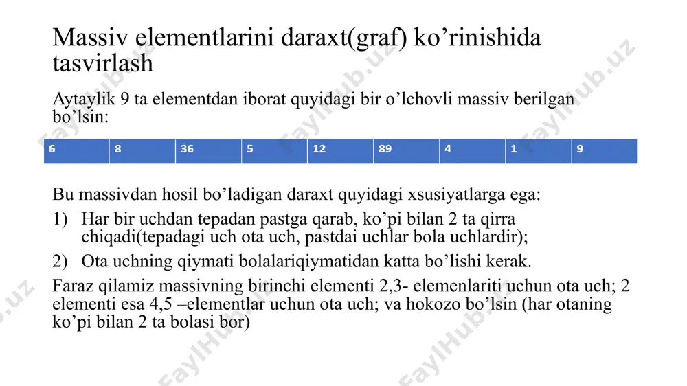 tiramiz 1 8 9 6 4 5 12 1 8 12 6 4 5 9 yuqori avlodga ko’tarilamiz va 1 va 12 larning o’rnini almashtiramiz 12 8 1 6 4 5 9 4 8 1 6 5 9 12 ni 4 bilan almashtiramiz, massivga joylaymiz va uni daraxtdan o’chiramiz 12 36 89 4 8 1 6 5 9 yana quyi avlodga tushamiz: 8 to’g’ri joylashgan; 9 va 1 almashtiramiz 4 8 9 6 5 1 yuqori avlodga ko’tarilamiz va 9 va 4 larning o’rnini almashtiramiz 9 8 4 6 5 1 1 8 4 6 5 9 ni 1 bilan almashtiramiz, massivga joylaymiz va uni daraxtdan o’chiramiz 9 12 36 89 1 8 4 6 5 yana quyi avlodga tushamiz: 8 to’g’ri joylashgan 1 8 4 6 5 yuqori avlodga ko’tarilamiz va 1 bilan 8 larning o’rnini almashtiramiz 8 1 4 6 5 6 1 4 5 8 ni 6 …