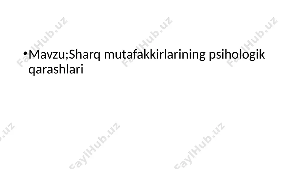 forobiy bu dunyoqarashida narsa-hodisalarni bilish, inson aqlini bilim bilan boyitish uni ilmli, ma’rifatli qilish uchun xizmat qiluvchi ruhiy jarayonlarga alohida e’tibor beradi. u o’zining ”baxt-saodatga erishuv haqida”, ”fanlarning tasnifi”, ”falsafani o’rganishdan oldin nimani bilish kerakligi to’g’risida”, ”ilmlar va san’atlar fazilati” kabi koplab risolalarida insonning ma’naviy rivojlanishi ilm-ma’rifatga bog’liqligini ta’kidlaydi. abu rayhon beruniy bilim umuminsoniy qadriyatlarni o’rganishning kaliti ekanligini alohida ta’kidlaydi al kindi, abu bakr, arroziy, farobiy abu ali ibn sino, ibn rushd, g’azzoliy, umar hayyom, ulug’bek, beruniy, ahmad yassaviy, navoiy abu nasr forobiyning psixologik qarashlari abu nasr forobiy yakin va urta sharkda ilgor ijtimoiy-falsafiy okimning asoschilaridan biri bulib, «shark aristoteli» degan unvonga sazovor bulgan mashxur mutafakkir. forobiy (873-950) dunyokarashining asosi, ya’ni dunyoning tuzilishi xakidagi tushunchasini «panteistik» degan fikr tashkil etadi. mavjudot «emonaqiya» yordamida yagona boshlangichdan pogonama-pogona vujudga kelgan, yakkalikdan kuplikka, rang baranglikka borgan