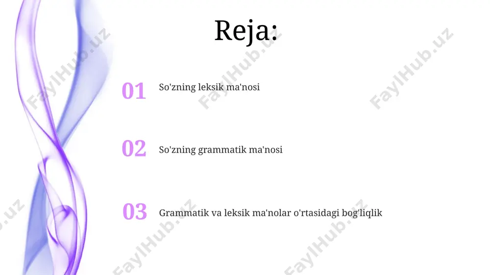 rli tillarda 20 dan ortiq sinonimlar yordamida ifodalanishi mumkin, masalan, ingliz tilida "happy" so'zi uchun 30 dan ortiq sinonim mavjud bo'lib, ularning har biri o'ziga xos kontekstda qo'llaniladi, bu esa leksik ma'no boyligini ko'rsatadi. leksik ma'no turlarini tasniflashda, semantik maydonlar nazariyasi muhim rol o'ynaydi, unda so'zlar ma'nolarining 7 ta asosiy toifaga bo'linishi va ularning o'zaro munosabatlari tahlil qilinadi, bu esa lug'at yaratishda qo'llaniladi. grammatik va leksik ma'nolar o'rtasidagi bog'liqlik "yaxshi" so'zi sifat sifatida ishlatilganda (yaxshi inson) va ravish sifatida ishlatilganda (yaxshi o'qiydi) har xil grammatik vazifalarni bajaradi, ammo ikkala holatda ham ijobiy leksik ma'noni saqlab qoladi, bu 2 ta turli grammatik qo'llanilishni o'z ichiga oladi. so'zning grammatik ma'nosi uning lug'aviy ma'nosiga bog'liq bo'lib, masalan, "o'qituvchi" so'zi (ot) 1-shaxsda "men o'qituvchimman" (fe'l bilan bog'langanda) grammatik funksiyasini o'zgartiradi va ma'no soyasini beradi. leksik ma'no grammatik toifalarga ta'sir qiladi. masalan, "yugur" fe'lining 3-shaxs ko'plikdagi "yugurishadi" shakli 5 ta kishini ham, 500000 kishini ham …