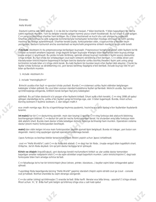 a. buni ta'minlash uchun ob'ektli dasturlash g'oyasi ilgari surildi. huddi 70-chi yillar boshida strukturali dasturlash kabi, programmalarni hayotdagi jismlarni modellashtiruvchi ob'ektlat orqali tuzish dasturlash sohasida inqilob qildi.c++ dan tashqari boshqa ko'p ob'ektli dasturlshga yo'naltirilgan tillar paydo bo'ldi. shulardan eng ko'zga tashlanadigani xerox ning palo altoda joylashgan ilmiy-qidiruv markazida (parc) tuzilgan smalltalk dasturlash tilidir. smalltalk da hamma narsa ob'ektlarga asoslangan. c++ esa gibrid tildir. unda c ga o'hshab strukturali dasturlash yoki yangicha, ob'ektlar bilan dasturlash mumkin. yangicha deyishimiz ham nisbiydir. ob'ektli dasturlash falsafasi paydo bo'lganiga ham yigirma yildan oshayapti. c++ funksiya va ob'ektlarning juda boy kutubhonasiga ega. yani c++ da dasturlashni o'rganish ikki qismga bo'linadi. birinchisi bu c++ ni o'zini o'rganish, ikkinchisi esa c++ ning standart kutubhonasidagi tayyor ob'ekt/funksiyalarni qo'llashni o'rganishdir. c++ da dasturlashning asosiy qismlari c++ sistemasi asosan quyidagi qismlardan iborat. bular dasturni yozish redaktori, c++ tili va standart kutubhonalardir. c++ dasturi ma'lum bir fazalardan o'tadi. birinchisi dasturni yozish va …