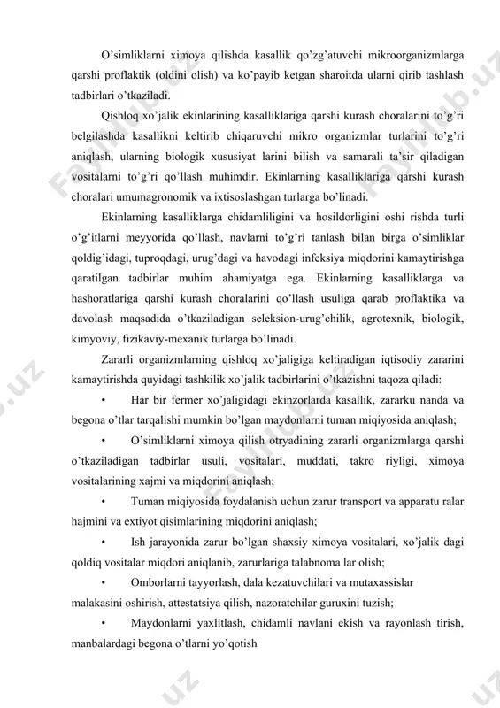 extiyot qisimlarining miqdorini aniqlash; · ish jarayonida zarur bo’lgan shaxsiy ximoya vositalari, xo’jalik dagi qoldiq vositalar miqdori aniqlanib, zarurlariga talabnoma lar olish; · omborlarni tayyorlash, dala kezatuvchilari va mutaxassislar malakasini oshirish, attestatsiya qilish, nazoratchilar guruxini tuzish; · maydonlarni yaxlitlash, chidamli navlani ekish va rayonlash tirish, manbalardagi begona o’tlarni yo’qotish agrotexnik tadbirlarni o’z vaqtida o’tkazishni axamiyati. qishloq xo’jaligining intensiv rivojlanishi, dehqonchilik madani yatining ortishi ekinlarning kasalliklariga qarshi kurashda viloyat larning tuproq-iqlim sharoitini, o’simlik turini hisobga olib kurash choralarini qo’llashni taqazo qiladi. agrotexnik kurash choralarining asosiy maqsadi sog’lom urug’lik va ko’chatlar etishtirshiga qaratilgan bo’lib, ekinlarni ekishdan tortib hosilni yig’ishtirib olgunga qadar parvarish qilishni taqazo qiladi. agrotexnik usul dala, polizlar, bog’lar, omborxonalarda kasallik larning xavf tug’dirishi mumkin bo’lgan miqdoridan ximoya qilsa, ikkinchidan o’simliklarning ularga nisbatan immunitet xususiyatlarini takomillashtiradi. almashib ekish qoidalariga amal qilish ekinzorlarda infeksiya ning va to’planmasligiga sharoit yaratadi. buning uchun ekinzorlarda ekiladigan ekinlar kelguvsi yilda ekiladigan ekinlar kasallanmay digan turlarga mansub …