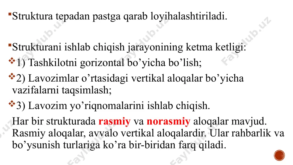 atda energiyadan foydalanish bo’limi savdoda energiyadan foydalanish bo’limi is’temolchilarga xizmat ko’rsatish bo’limi uy joy xo’jaligida energiyadan foydalanish bo’limi 3) mintaqaviy struktura kompaniyaning bosh ofisi kaliforniyadagi filial new -yorkdagi filial filladelfiyadagi filial texasdagi filial 5. xalqaro struktura xalqaro filialga ega divizional struktura 6)boshqarishning dasturli-maqsadli tarkibi boshqaruvning asosiy tuzilmalari chiziqli funktsional chiziqli b2 sh r 1,1 b1 1,1 u2 f1 u1 f2 f1 r f2 f3 f4 f5 r1 f1 r2 f2 f4 1,1 2,1 3,1 u1 u3 u4 u5 u2 funktsional chiziqli shtabli shartli belgilar: r - rahbar, b - boshliq, u - usta, f - funktsional rahbar, sh - shtab, 1,1; 1,2; 1,3 – funktsional bo’limlar. o’zbekiston respublikasi transport vazirligi tashkiliy tuzilmasi o’zbekiston respublikasi transport vazirligi markaziy apparati назорат саволлари 1. структура, бошқарув структураси нима? 2. бошқарув буғини ва босқичи нима? 3. бошқарув тизими нима? 4. бошқарув структурасини аниқлавчи белгилар нималардан иборат? 5. бошқарув структурасига қандай талаблар қўйилади? 6. бошқарув …