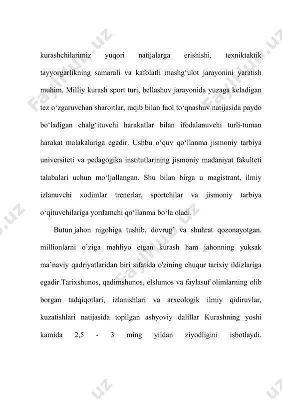 ini yozib qoldirgan. polvonzodalarga bag'ishlangan maxsus «xoloti palilavon muhammad» manoqida ijodkor, o'z davrining tengsiz polvonzodasi pahlavon muhammad kurash san'atidan tashqari diniy va dunyoviy ilmlarni, jumladan, astranomiya va matematika, kimyo va falsafa, adabiyotshunoslik va san'atshunoslik, huquqshunoslik va boshqa bilimlarni mukammal egallagan. o'z zamonasining qudratli saltanat qurgan amir temur buyuk davlat arbobi, ma'rifatparvar hukumdor, salohiyatli sarkarda bo'lib qolmasdan, ayni vaqtda kurash ilmi hadisini mukammal egallangan kuchli polvonsifat siymo ham edi. shuning uchun u mamlakatda yoshlarni chiniqtirish, vatanni sevguvchi, yurt xizmatiga kamarbasta, yetuk shaxslar qilib voyaga yetkazishda kurashning tutgan o'rni esa katta ahamiyat bergan. sharofiddin al-yazdiy «zafarnoma»sida alisher navoiyning «nasoyim ul-muxabbat» asarida esa sohibqiron amur temur davridagi pahlavon bobohoki (asli afg'oniston shimolidagi shibig'on viloyatidan) uchqora bahodir (asli buxoro viloyatining qorako'l tumanidan) singari yuzlab benazr o'zbek polvonlari haqida qiziqarli ma'lumotlar keltirilgan. eramizning ix asrida kurash rivoji yangi bosqichga koʻtarildi. oʻsha kezlarda zamonaviy oʻzbekiston hududida istiqomat qiluvchi aholi anʼanaviy bayramlar, toʻyhashamlar va yirik jamoatchilik tadbirlari …
