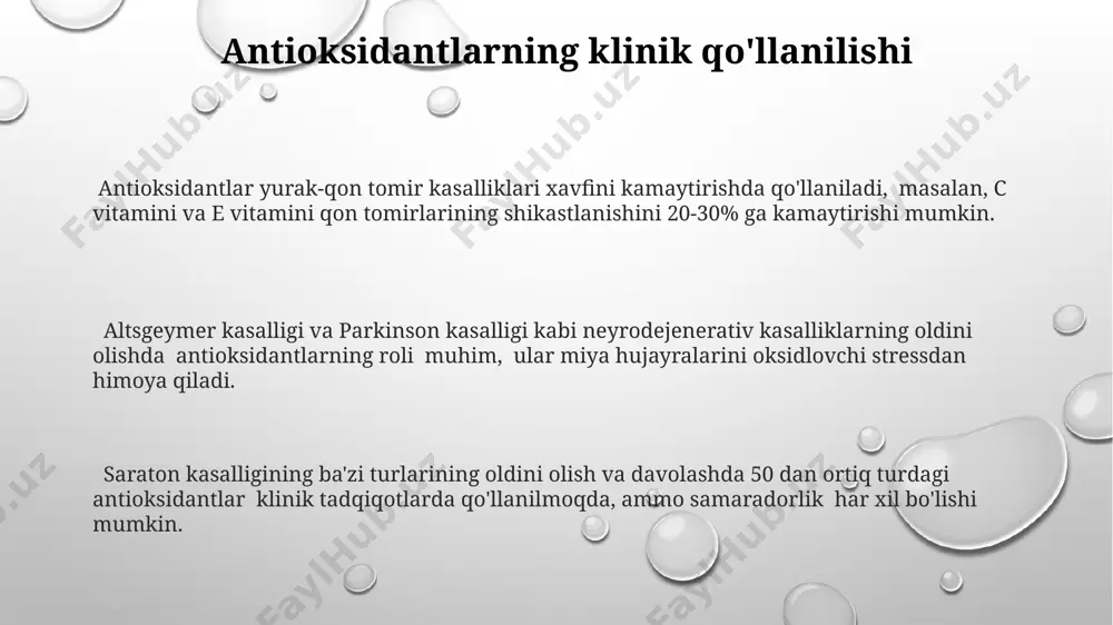 i 25% ga kamaytirishi mumkinligi klinik tadqiqotlar bilan tasdiqlangan. bu esa, erkin radikallar ta'siridan hujayralarni himoya qilish orqali yutuqqa erishiladi. saraton kasalligi davolashda qo'llaniladigan kimyoterapiya va radioterapiya kabi usullar oksidlovchi stressni kuchaytiradi. antioksidantlar bu salbiy ta'sirlarni kamaytirishga va bemorlarning umumiy ahvolini yaxshilashga yordam beradi. altsgeymer kasalligi rivojlanishida oksidlovchi stress muhim rol o'ynaydi. ba'zi tadqiqotlar ko'rsatdiki, antioksidantlar qabul qilish kognitiv funksiyalarni yaxshilashga yordam beradi, xotira buzilishlarini sekinlashtiradi. e'tiboringiz uchun rahmat @taqdimot_robot image1.png image2.png image3.png