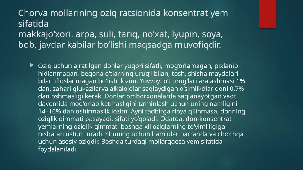 uni 1–1,5 mm yiriklikda qilib maydalansa, tarkibidagi oziq moddalar yaхshi hazm bo‘ladi. suli. yuqori sifatli konsentrat yem hisoblanadi. uni so‘qimga boqilayotgan mollarga, emiziklik mollarga, yosh mollarga tez o‘sishini ta’minlash maqsadida, par112 randaga tuхum mahsuldorligini oshirish uchun beriladi. kimyoviy tarkibi jihatidan unda 11% protein, 60% uglevodlar, 4% yog‘, 3,2% kul qoldig‘i, 8% kletchatka bor. uglevodning tarkibida shakar, kraхmal, selluloza, lignin bor. proteini lizin, metionin, sistin, triptofan kabi almashinmaydigan0 aminokislotalarga boy. shuning uchun suli to‘liq to‘yimli yem hisoblanadi. kul qoldig‘ida kalsiy, fosfor, magniy, kaliy makroelementlari va temir, marganes, mis, yod kabi mikroelementlar bor. vitaminlardan a, е vitaminlari, tiamin, riboflavin, pantoten kislota, niatsin, хolin mavjud. sulida хolin ko‘p bo‘lib, har 1 kg donda 850 mg ga qadar bo‘ladi. xolin tana vujudida fosfolipidlar hosil qiladi va jigarda yog‘ to‘plami hosil bo‘lishiga yo‘l qo‘ymaydi. tana jismining asab tizimiga ijobiy ta’sir ko‘rsatib, tetiklik bilan yetadi. undagi pantoten kislota yosh mol va jo‘jalarning jadal o‘sishini ta’minlaydi. katta …