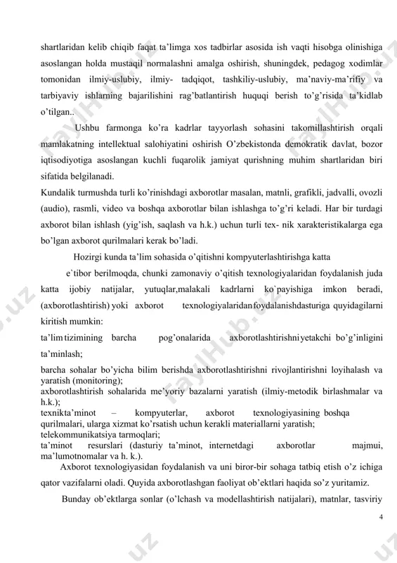 m, mikrofon va ovoz eshittirish qurilmasi, skaner, raqamli videokamera, multimedia proektori, chizish plansheti, musiqali klaviatura kabilar hamda ularning dasturiy ta’minoti; uskunaviy dasturiy ta’minot; virtual matn konstruktorlari, multiplikatsiyalar, musiqalar, fizik modellar, geografik xaritalar va h.k.; axborotlar majmui — ma’lumotnomalar, entsiklopediyalar, virtual muzeylar va h.k.; texnik ko’nikmalar trenajyorlari (tugmachalar majmuidan tugmachalarga qaramasdan ma’lumot kiritish, dasturiy vositalarni dastlabki o’zlashtirish va h. k.). taraqqiy etgan xorijiy davlatlar va respublikamizdagi yetakchi ta’lim muassasalarida kompyuter texnologiyalari asosida o’qitish dasturlari tahlili sifat jihatidan yangi o’qitish vositalari bo’lib, ular an’anaviy o’qitish metodlaridan tubdan farq qilishini ko’rsatmoqda. bunday yondashishning asosiy vositalaridan biri sifatida, kompyuterda modellashtirish nazariyasini ko’rsatish mumkin. multimedia vositalari asosida o’qitish jarayonida aniq fanlarni kompyuter asosida to’liq o’qitish, ma’ruza matnlarini tahrir qilish, talabalar topshirgan nazorat natijalarining tahlili asosida ma’ruza matnlarini bayon qilish uslubini yaxshilash, o’quvchi-talabalar axborot texnologiyalarini multimedia vositalari asosida animatsiya elementlarini dars jarayonida ko’rishi, eshitishi va mulohaza qilish imkoniyatlariga ega bo’ladi. axborot texnologiyalarining multimedia vositalari bilan ishlaydigan …