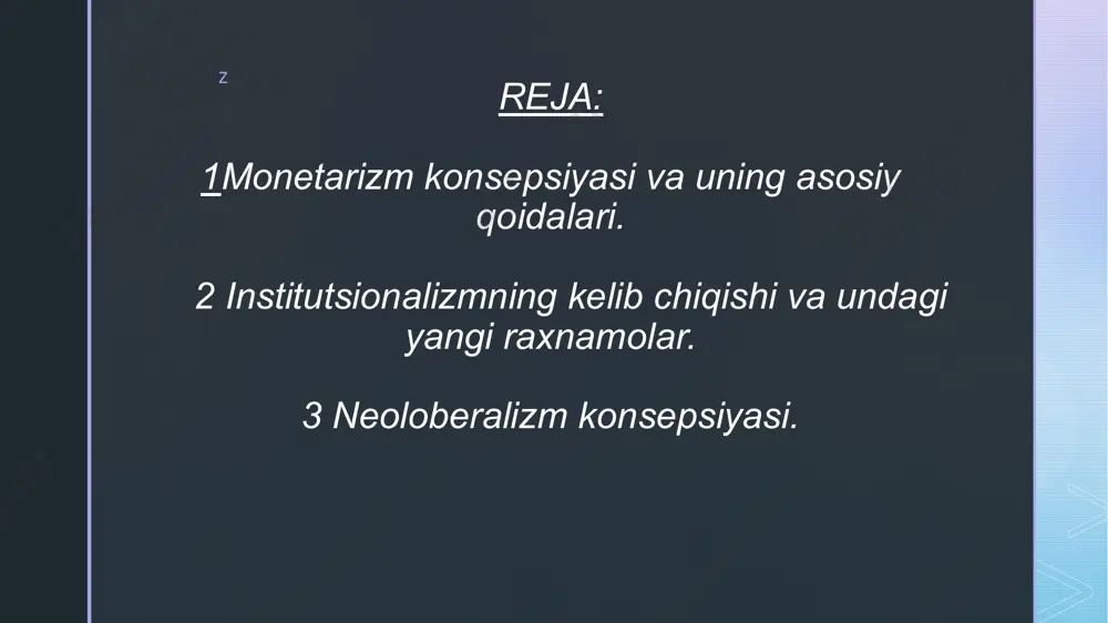 avlat amaldorlarining yaxshi bilishi dargumon, deydi m.fridmen. davlatning xo’jalik jarayonlariga aralashuvi iqtisodiyotning o’zini o’zi tartiblash tizimini buzishga olib keladi. shuning uchun davlat pul va ishlab chiqarish barqarorligini ta’minlagan holda pul muomalasini nazorat qilish bilan cheklanmog’i lozim. monetarizmning asosiy qoidalari. monetaristlar fikricha, bozor iqtisodiyoti o’zining ichki xususiyatiga ko’ra barqarorlikka, o’zini o’zi tartiblashga intiladi. bozor raqobati tizimi mustahkam barqarorlikni ta’minlaydi. mabodo muvozanat buzilsa, baholar uni tuzatishning bosh vositasi bo’lib xizmat qiladi. nomutanosibliklarning vujudga kelishi, odatda, ichki sabablar natijasida emas, balki tashqaridan bo’ladigan arashuvlar, davlat tartiblashidagi xatolar natijasi hisoblanadi. z 4 institutsionalizm haqida:menger, jevon, valras va marshallar taqsimot va qiymat nazariyasiga doir tahlillarni amalga oshira boshlashgan davrlarda ham ortodoks (umumiy hamma qabul qilgan) klassik nazariyasi nemis anti-ijtimoiy yozuvchilari tomonidan tanqid qilinar edi. ushbu yozuvchilar qarashlarida ko’zga ko’rinadigan farqlar mavjud bo’lib nemis tarixiy maktablariga misol bo’lish uchun ularning umumiy jihatlari ko’p edi. germaniyada bu maktablar ta’siri 1840 yillardan boshlandi va yigirmanchi asrgacha davom etdi. …