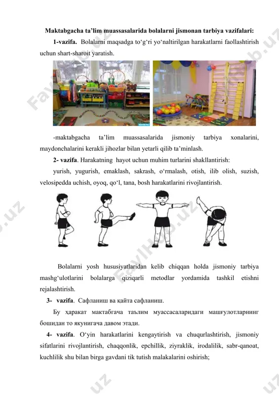 yenik talablar va qoidalari haqida yetarli darajada tasavvur va bilimlar berish. maktabgacha ta’lim muassasaslarida jismoniy tarbiya mashg‘ulotlarini jismoniy tarbiya yo‘riqchisi olib boradi va barcha guruhlar uchun mashg‘ulot ishlanmalarini 08-02 raqamdagi ish rejasida bir yil uchun 72 mashg‘ulot ishlanmasini shakllantiradi. maktabgacha yoshdagi bolalarning jismoniy sifatlarini rivojlantirish. bolalarning harakatli faoliyati ularda asosiy jismoniy sifatlarni rivojlantirish bilan bog‘liqdir. bunga chaqqonlik, epchillik, kuchlilik, matonat singari sifatlar kiradi. amalda mazkur sifatlarning hech birini alohida olib rivojlantirishni tasavvur qilish ham mumkin emas. turli jismoniy sifatlarni tarbiyalash aslida bolaning jismoniy jihatdan har tomonlama rivojlanishidek yagona jarayonning turli tomonlaridir. chunki bunday rivojlanish natijasida organizmning miqdoriy imkoniyatlarida umumiy yuksalish sodir bo‘ladi. lekin baribir yuqorida sanab o‘tilgan jismoniy sifatlarning har birini tarbiyalashning o‘ziga xos xususiyatlari mavjuddir. chaqqonlik-bu faoliyat davomida paydo bo‘ladigan kutilmagan shartsharoitlarga binoan harakat faoliyatini tezlik bilan yangi harakatlarni egallay olish qobiliyatidir. chaqqonlikni tarbiyalashda harakatlarning uyg‘unligini rivojlantirish, ularning sur’ati va ko‘lamini, muskullarning zo‘riqishi va bo‘shashi darajasini bir-biridan farq qilish, …