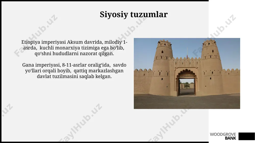 olim va yozuvchilarning faoliyati hissa qo'shgan. woodgrove bank oʻrta asr afrikasining merosi 10-15-asrlar oraligʻida gana, mali va songhay imperiyalari oʻz davrining rivojlangan davlat tuzilmalariga ega boʻlib, murakkab irrigatsiya tizimlari va keng koʻlamli savdo tarmoqlarini yaratgan. oʻrta asr mali imperiyasi 13-asrda 1 million kvadrat kilometrdan ortiq hududni egallagan va trans-sahara savdosining muhim markazi boʻlgan, tumbuktu kabi shaharlarning rivojlanishiga hissa qoʻshgan. woodgrove bank texnologiyalar va innovatsiyalar 10-15-asrlar oraligʻida gʻarbiy afrika davlatlari, masalan, mali imperiyasi, trans-sahara savdo yoʻllarida keng qoʻllanilgan murakkab suv boshqaruv tizimlari va yirik sugʻorish inshootlarini yaratdilar. sharqiy afrikaning swahili sohilidagi shaharlarda, 13-asrda, mis va temirni qayta ishlash boʻyicha rivojlangan texnologiyalar mavjud boʻlib, bu katta miqdordagi metall buyumlar ishlab chiqarishga imkon bergan. woodgrove bank diniy eʼtiqodlar 10-15-asrlar davomida gʻarbiy afrikaning mali imperiyasida islom dini keng tarqalib, timbuktu kabi yirik shaharlarda 300 dan ortiq masjidlar qurilgan. aksum shohligi (hozirgi eritreya va efiopiya hududida) 4-asrda nasroniylikni qabul qilgan bo'lib, bu davrda 200 ga …