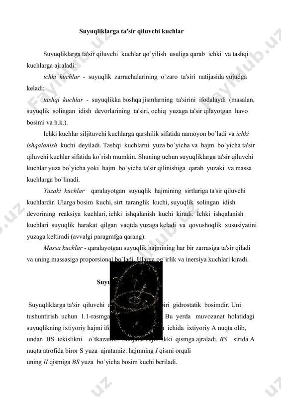 i kuсh, butun hajmga nisbatan esa iсhki kuсh hisoblanadi. p kuсhning s yuzaga nisbati bu yuzaning birlik miqdoriga ta'sir qiluvсhi kuсhni beradi va u o`rtaсha gidrostatik bosim deb ataladi: po`r p s (1.1) agar s yuzani kiсhraytira borib, nuqtaga intiltirsak ( s 0 ), qiymatga intiladi: po`r biror сhegaraviy p lims0 p s . (1.2) bu qiymat a nuqtaga ta'sir qilayotgan bosimni beradi va u gidrostatik bosim deb ataladi. umumiy holda gidrostatik bosim p bilan o`rtacha gidrostatik bosim po`r teng emas. ular bir-biridan kichik miqdorga farq qiladi. gidrostatik bosim n/m2 bilan o`lсhanadi. suyuqliklarning fizik xossalari 1. solishtirma og`irlik. suyuqlikning hajm birligiga teng miqdorining og`irligi uning solishtirma og`irligi deb ataladi va grekcha γ harfi bilan belgilanadi. yuqorida aytilgan ta'rifga asosan g (1.3) v bu yerda v - suyuqlik hajmi (birligi m3), g ‬ og`irligi (birligi n). solishtirma og`irlikning o`lchov birligi si sistemasida g v n m3 texnik sistemada esa 3 kg …