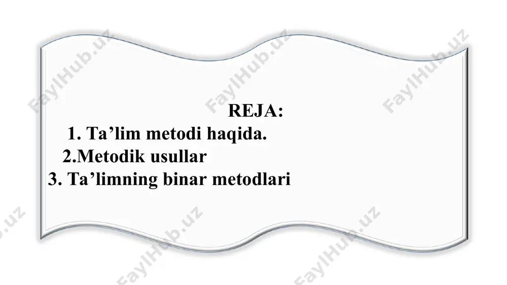 va malakalarni mustahkamlash va nazorat qilish metodlari. о‘rgatish metodlari о‘rganish metodlari axboriy-ma’lumotli ijro etish (bajarish) tushuntirishli reproduktiv kо‘rgazmali-amaliy ijodiy-amaliy tushuntirishli-undovchi qisman izlanishli undovchi izlanishli ta’limning binar metodlari yaxlit yondashuvga kо‘ra ta’lim metodlari tasnifi о‘quv-bilish faoliyatini tashkil etish va amalga oshirish metodlari. о‘quv-bilish faoliyatini motivatsiyalash va rag‘batlantirish metodlari. о‘quv-bilish faoliyatini nazorat va о‘z-о‘zini nazorat qilish metodlari. о‘rganilayotganlarini о‘zlashtirishga da’vat qilish metodlari yangi materialni anglash metodlari о‘rganilganlarini fikrlashga imkon beruvchi metodlar erkin yozish. klaster. aqliy hujum. b-b-b chizmasi. chalkashtirilgan mantiqiy zanjirlar ketma-ketligi. semantik xususiyatlar tahlili. semantik xususiyatlar tahlili. b-b-b chizmasi. о‘qitish bо‘yicha qо‘llanma. bir-biriga о‘rgatish. bir-biridan sо‘rash. ikki qismli kundaliklar. eng asosiy tushunchalar eng asosiy tushunchalar, takrorlash. t-chizma. konseptual jadval. venn diagrammasi. nilufar guli. besh minutlik esse. о‘n minutlik esse. ta’lim metodlarini tanlab olish shartlari 1. ta’limning umumiy maqsadlari. 2. fanning va о‘rganilayotgan mavzuning mazmuni hamda о‘ziga xosliklari. 3. biror fanni о‘qitish metodikasining о‘ziga xosliklari. 4. materialni о‘rganishga ajratilgan vaqt. 5. о‘quv …