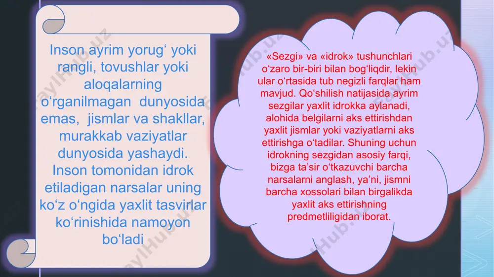 hisoblanadi. boshqa o’quvchilar faoliyati idrok foni bo’lib qoladi. idrok foniga kirgan o’quvchi javob berish uchun chaqirilib qolsa idrok obyektiga aylanadi va hokazo. z appersepsiya( lotincha ad-ga, perception-idrok qabul qilish) -idrok obrazlari va ularni vujudga keltiruvchi obyektlar va shaxslar o’zida bo’lgan bir qancha omillar bilan taqazo etiladi.kishi psixik hayoti va shaxsiy hususiyatlarining idrokka ta’siri va unda aks etuvchi mazmunni appersepsiya deyiladi.kishilar ayni bir narsa yoki xodisani yoshlari ma’lumotlari turmush tajribalari kasblari, temperament, xarakter, dunyoqarashlari jihatidan turlicha idrok qiladilar.kishilar qaysi sohaga doir bilim va tajribasi qanchalik boy bo’lsa , uning shu sohadagi idroki ham chuqur va sermazmun bo’ladi. z illyuziya( lot.illusion-yanglish tasavvur, yangilanish)-voqealikni noto’g’ri , yanglish idrik etish.illiyuziya ikki xil bo’ladi. (jismoniy va fiziologik). jismoniy-dunyoda faoliyat yurituvchi fizikaning obyektiv qonunlari bilan bog’liq(m;optik illiyuziya- bir stakan suvga botirilgan choy qoshiq singan deb qabul qilinadi. fiziologik- odamning analizatorlari( sezgi organlari) ning periferik yoki markaziy qismlarining xususiyatlari bilan bog’liq. ( arastu illiyuziyasida og’irligi aynan bir …