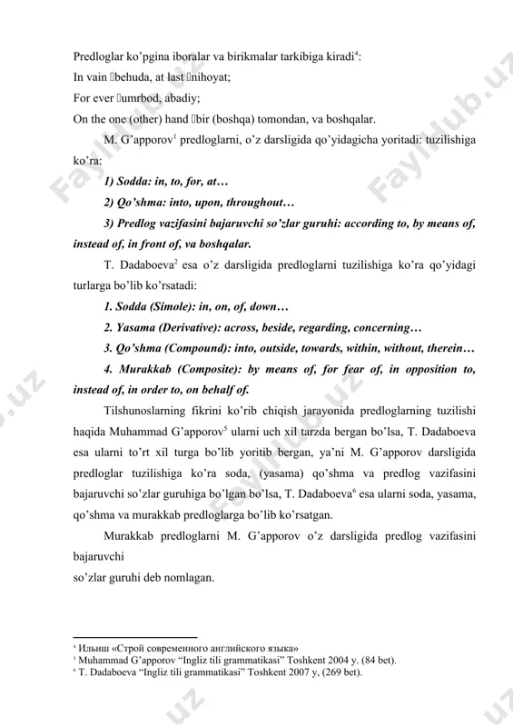 amid (orasida midst (o’rtasida, orqasida before (avval, yuqori inside (ichkarida, ichida beyond (boshqa tomonga… 2. vaqtni bildiruvchi predloglar. (prepositions of time) masalan: thereon (shundan keyin for (uchun, -da, davomida between (orasida beyond (keyin in course of (davomida over (keyin, davomida towards (-ga, tomonga. 3. maqsad, sabab va holatni bildiruvchi prdloglar. (prepositions of cause, aim and manner). masalan: to (uchun against (-ga tomon, qarshi instead of (o’rniga by reason of (sababli by virtue of (asosan, sababli but for (shunday bo’lmaganda according to (-ga muvofiq. va shunga o’xshash misollarni ko’rishimiz mumkin. 4. qiyoslashni, qarama-qarshi qo’yishni, ajratishni ifodalovchi predloglar. (prepositions of comparison, contrast, division.) masalan: like (o’xshab unlike (farqli o’laroq in spite of (shunga qaramay as to (shunga asosan as for (shunga asosan by force of (kuch bilan in respect that (hisobga olib. ingliz tilida ba’zi predloglar ravishlarga o’zshaydi. ya’ni bir so’z ham ravish, ham predlog hisoblanadi. t. dadaboeva shakli ravish bilan mos …