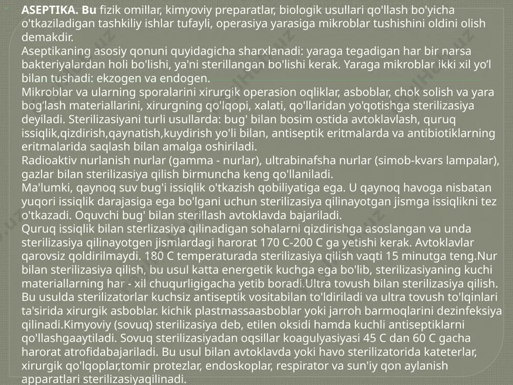 i tiklanadi: to'qimalar va a'zolarni kesib olib boshqa joyga (boshqa organizmga) ko'chiriladi. shikastlanishning turi va sabablari, davolash va oldini olish choralariga travmatologiya fani mas'uldir. shikasllanishlar umumiy xirurgik kasalliklarning 30-35% ni tashkil etadi. respublikamizda travmatologik xizmat uch asosiy zvenodan iborat: 1.shikastlanish ro'y bergan joyda birinchi tibbiy yordamni tashkil qilish. 2.ambulatoriya-poliklinikada shikastlanishga yordam ko'rsatish. 3.travmatologik yordamni kasalxonalarda tashkil qilish. travma yuz bergan joydayoq birinchi yordam ko'rsatish quyidagi maqsadlarni ko'zda tutadi: a) shifokor kelguncha birinchi oddiy yordam. bu yordam ko'pincha maxsus kasbi bo’lmagan kishilar (o'z-o'ziga va o'zara yordam) tomonidan ko'rsatiladi. ular shikastlangan kishining o’rtoqlari, sanitariya drujinachilar tomonidan, qarindoshlari yoki begona kishilar, yo’l harakati va milisiya hodimlari, o'rta ma'lumotli tibbiyot hodimlari bo'lishi mumkin: b) yuqori malakali yordamni maxsus tayyorgarlikka ega bilgan shifokor bajarmog'i kerak. birinchi travmatologik yordamni tashkil qilishda quyidagilarga rioya qilish kerak: 1) shikastlangan kishiga iloji boricha zudlik bilan yordam berish zarur. 2) birinchi malakali yordam tezroq ko'rsatilishi uchun avvalo oddiy tibbiy yordam …