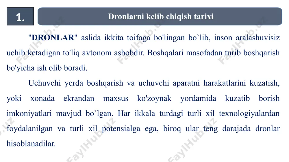 gan kamchiliklarni bartaraf etish yuzasidan ishchi gurux bilan birgalikda xar bir xudud kesimida kamchiliklarni bartaraf yetish bo‘yicha chora tadbirlar ishlab chiqildi. geodeziya va kortografiya sohasida dronlarning qo`llanilishi 2. o‘zbekiston respublikasi innovatsion rivojlanish vazirligi tashabbusi bilan o‘zbekiston respublikasi yer resurslari, geodeziya, kartografiya va davlat kadastri davlat qo‘mitasida uchrashuv bo‘lib o‘tdi. yig‘ilishda vazirlik va qo‘mita xodimlari, mutaxassislar va ilmiy-tadqiqot sohasi vakillari ishtirok etishdi. qo‘mitaning innovatsion faoliyati asosan tuproqshunoslik, maxsus skanerdan foydalanishni yo‘lga qo‘yish, hamda havodan suv olish loyihalari ustida izlanishlar olib borishga qaratilgan bo‘lsa-da, uchuvchisiz uchish qurilmalaridan (dronlar) foydalangan holda yer resurslaridan foydalanish tizimi monitoringini olib borish loyihasi alohida ahamiyatga egaligi e’tirof etildi. innovatsion rivojlanish vazirligi bilan hamkorlikda amalga oshirilayotgan ushbu loyiha yurtimiz qishloq xo‘jaligining rivojlanishida katta burilish yasashi kutilmoqda ta’kidlash joizki, aqsh, xitoy, yaponiya, braziliya va ko‘plab yevropa davlatlarida qishloq xo‘jaligida allaqachon dronlardan foydalanish yo‘lga qo‘yilgan. dronlardan foydalanishdan maqsadlar turlicha – qushlarni haydash, kichik maydonlarni kimyoviy vositalar bilan purkash, o‘g‘rilikni oldini …