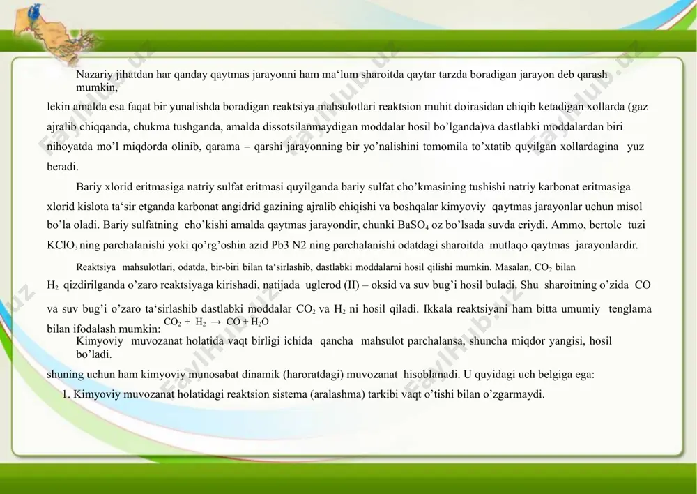 a gomogen bo’lib, u suyuqliklardan iborat bo’lsa, muvozanat konstantasi, odatda кс bilan ifodalanadi. b) sistema faqat gazlardan iborat bo’lsa, muvozanat konstantasi, кр – bilan ifoda etiladi. ko’pgina reaktsiyalar bir xil sharoitda qarama-qarshi ikki tomonga boradi: dastlabki moddalardan turli mahsulotlar va mahsulotlardan dastlabki moddalar hosil bo’ladi. reaktsiya davom etgan sari, dastlabki moddalarning kontsentratsiyasi uzluksiz pasaya boradi, natijada massalar ta‘siri qonuniga muvofiq, to’g’ri reaktsiyaning tezligi ham kamayib boradi, mahsulotlar kontsentratsiyasi esa aksincha orta boradi, natijada teskari reaktsiyaning tezligi ham oshadi. nihoyat shunday bir payt keladiki, bu vaqtdan boshlab to’g’ri reaktsiyaning tezligi teskari reaktsiyaning tezligiga tenglashadi: bu vaqtda muvozanat qaror topadi. dastlabki moddalarning va mahsulotlarning kontsentratsiyasi o’zgarishdan to’xtaydi. olingan moddalarning bir qismi reaktsiyaga kirishmasdan qoladi. muvozanat qaror topgan vaqtda moddalar kontsentratsiyasi muvozanat kontsentratsiya yoki partsial bosim deyiladi. gaz aralashmasida ayrim gazlarning bosimi, ma‘lum moddaning partsial bosimi deyiladi. kimyoviy muvozanat holati, muvozanat konstantasi kattaligi bilan ifodalanadi. vodorod va yoddan vodorod yodid hosil bo’lish reaktsiyasi …