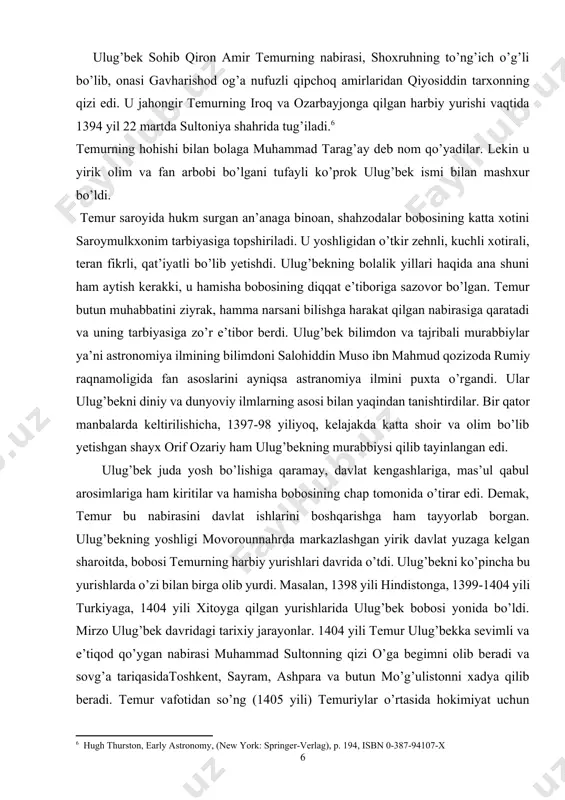 odalar bobosining katta xotini saroymulkxonim tarbiyasiga topshiriladi. u yoshligidan o’tkir zehnli, kuchli xotirali, teran fikrli, qat’iyatli bo’lib yetishdi. ulug’bekning bolalik yillari haqida ana shuni ham aytish kerakki, u hamisha bobosining diqqat e’tiboriga sazovor bo’lgan. temur butun muhabbatini ziyrak, hamma narsani bilishga harakat qilgan nabirasiga qaratadi va uning tarbiyasiga zo’r e’tibor berdi. ulug’bek bilimdon va tajribali murabbiylar ya’ni astronomiya ilmining bilimdoni salohiddin muso ibn mahmud qozizoda rumiy raqnamoligida fan asoslarini ayniqsa astranomiya ilmini puxta o’rgandi. ular ulug’bekni diniy va dunyoviy ilmlarning asosi bilan yaqindan tanishtirdilar. bir qator manbalarda keltirilishicha, 1397-98 yiliyoq, kelajakda katta shoir va olim bo’lib yetishgan shayx orif ozariy ham ulug’bekning murabbiysi qilib tayinlangan edi. ulug’bek juda yosh bo’lishiga qaramay, davlat kengashlariga, mas’ul qabul arosimlariga ham kiritilar va hamisha bobosining chap tomonida o’tirar edi. demak, temur bu nabirasini davlat ishlarini boshqarishga ham tayyorlab borgan. ulug’bekning yoshligi movorounnahrda markazlashgan yirik davlat yuzaga kelgan sharoitda, bobosi temurning harbiy yurishlari davrida o’tdi. …
