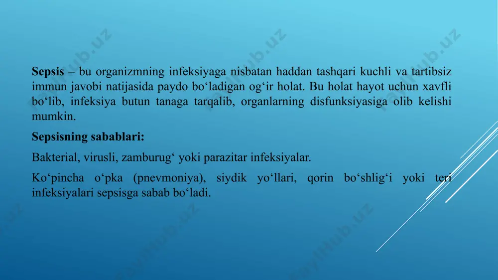 an keyin bir qadar yengillashib turadi. sepsisga faqat kasalxonada davo qilinadi. sepsis profilaktikasi har qanday yiringli jarayonda — jarohat yiringlaganda, hasmol, flegmona paydo boʻlganda oʻz vaqtida vrachga murojaat etishdan iborat. turmushda shikastlanishlarning oldini olish, mayda shikastlarni, ayniqsa, jarohatlarni oʻz vaqtida davolash zarur. chaqaloqni parvarish qilayotgan ona aseptika qoidalariga qatʼiy amal qilishi kerak e’tiboringiz uchun rahmat!!! image1.png image2.png image3.jpg