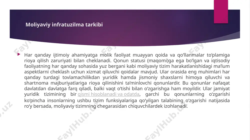 t va yuvelir buyumlari, qimmatbaho metall va toshlar hamda noyob (kamyob) elementlar (radiaktiv) savdosi tizimlari. buxgalteriya hisobi moliyaviy hisobotlar tizimini o‘rganuvchi predmet yoki fan buxgalteriya hisobi deyiladi buxgalteriya hisobi barcha xo‘jalik operatsiyalarini yaxlit, uzluksiz, hujjatlar asosida hisobga olish yo‘li bilan buxgalteriya axborotini yig‘ish, qayd etish va umumlashtirishning tartibga solingan tizimidan, shuningdek uning asosida moliyaviy va boshqa hisobotni tuzishdan iboratdir. buxgalteriya hisobi xo‘jalik operatsiyasini buxgalteriya hisobining kamida ikkita schyotida bir vaqtda va o‘zaro bog‘liq holda pulda baholab aks ettirish yo‘li bilan ikkiyoqlama yozuv usulida yuritiladi buxgalteriya hisobi vazifasini yechishning dasturiy ta’minlanishi ishlab chiqarishning ko’rib chiqilgan pallalarining hisob vazifalarini integratsiyalash hamda tashqi aloqalarning mavjudligini hisobga olish bilan ko’riladi. barcha xo’jalik operatsiyalari boshlang’ich buxgalteriya hujjati — xo’jalik operatsiyasi sodir bo’lganligi haqidagi to’liq va ishonchli yozma guvohnomada qayd etiladi. hujjat yuridik kuchga ega. ularni shakllantirish va qo’llash bo’yicha umumiy uslubiy rahbarlik o’zbekiston respublikasi moliya vazirligi va davlat statistika qo’mitasi tomonidan amalga oshiriladi. ular hujjatlar …