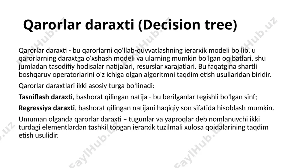 no 9 70 yes 11 70 yes 13 75 yes 3 78 yes 5 80 yes 10 80 yes 14 80 no 1 85 no 2 90 no 12 90 yes 8 95 no 4 96 yes chegara sifatida 75 olinsin: entropy(decision|humidity 75) = – (4/9).log2(4/9) – (5/9).log2(5/9) = 0.991 gain(decision, humidity<> 75) = 0.940 – (5/14).(0.721) – (9/14).(0.991) = 0.940 – 0.2575 – 0.637 = 0.045 splitinfo(decision, humidity<> 75) = -(5/14).log2(4/14) - (9/14).log2(10/14) = 0.940 gainratio(decision, humidity<> 75) = 0.047 c4.5 algoritmi day humidity decision 7 65 yes 6 70 no 9 70 yes 11 70 yes 13 75 yes 3 78 yes 5 80 yes 10 80 yes 14 80 no 1 85 no 2 90 no 12 90 yes 8 95 no 4 96 yes gain(decision, humidity <> 78) =0.090, gainratio(decision, humidity <> 78) =0.090 gain(decision, humidity <> 80) = 0.101, gainratio(decision, humidity <> 80) = 0.107 …
