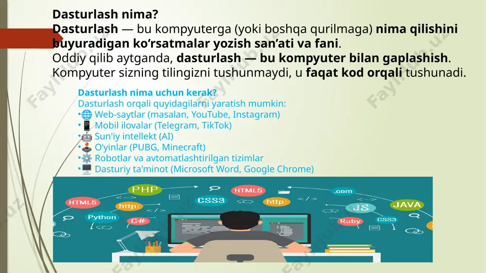 : github bilan bog‘lanib, kodlaringizni saqlash mumkin. vs code interfeysi qanday? vs code ochganingizda quyidagilarni ko‘rasiz: chapda: fayllar paneli o‘rtada: kod yozish oynasi pastda: terminal yuqorida: menyular extension'lar oynasi: qo‘shimcha qulayliklar uchun modullar o‘rnatasiz vs code'ni qayerdan yuklab olish mumkin? bepul yuklab olish manzili: 🔗 https://code.visualstudio.com/ windows, mac va linux uchun mavjud. vs code kimlar uchun foydali? yangi boshlovchilar uchun: soddaligi va intuitiv interfeysi bilan ideal. tajribali dasturchilar uchun: extension va terminal bilan kuchli imkoniyatlar beradi. web dasturchilar: html, css, javascript, react, angular va boshqalar bilan juda mos. asosiy tushunchalarni o‘rganish quyidagilarni chuqur o‘rganing: o‘zgaruvchilar (variables) ma'lumot turlari (int, string, float, bool) if/else shart operatorlari tsikllar: for, while funksiyalar massivlar (list), lug‘atlar (dictionary) foydalanuvchidan ma’lumot olish va chiqarish o‘zgaruvchi (variable) nima? o‘zgaruvchi — bu kompyuter xotirasidagi quticha, u yerda siz ma'lumot (son, matn, va hokazo) saqlaysiz. dastur yozishda, o‘zgaruvchilar orqali biz ma’lumotlarni saqlaymiz, o‘zgartiramiz yoki ulardan foydalanamiz. qisqacha eslab qoling: …