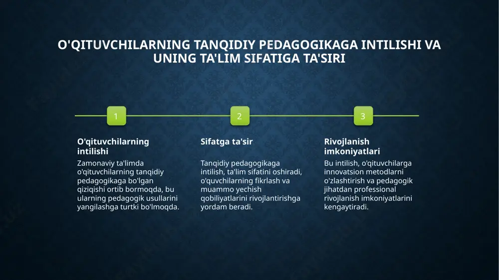 anqidiy fikrlash qobiliyatlarini rivojlantirishda innovatsiyalar innovatsion metodlar texnologik yondashuvlar kreativ muhit talabalarning tanqidiy fikrlash qobiliyatlarini rivojlantirish uchun loyiha asosidagi o'qitish va interaktiv texnologiyalar keng qo'llaniladi, bu fikrlash jarayonini faollashtiradi. zamonaviy texnologiyalar, masalan, onlayn platformalar va simulyatsiyalar, fikrlashni kengaytiradi, muammo yechishda innovatsion fikrlashni rag'batlantiradi. erkin fikrlash uchun kreativ muhit yaratish, muammolarga yangi yondashuvlar va fikrlarni muhokama qilish imkoniyatlarini oshiradi, talabalarning mustaqil fikrlashini rivojlantiradi. zamonaviy texnologiyalar yordamida kreativ ta'lim muhitini yaratish 1 interaktiv texnologiyalar - zamonaviy ta'lim muhitini yaratishda interaktiv texnologiyalar muhim rol o'ynaydi. bu yordamida talabalar faol ishtirok etadi va yaratuvchanlik rivojlanadi. 2 virtual va ar/vr imkoniyatlari - virtual va kengaytirilgan haqiqat texnologiyalari ta'lim jarayonini yanada qiziqarli va amaliy holga keltiradi, real muhitga yaqin tajribalar taqdim etadi. 3 raqamli platformalar - onlayn platformalar va mobil ilovalar yordamida ta'lim resurslariga erkin kirish ta'minlanib, o'qitish jarayonini individual va moslashuvchan qiladi. o'zbekiston ta'limida kreativ yondashuvlarni joriy etish tajribalari innovatsion metodlar o'zbekiston ta'limida kreativ yondashuvlarni …