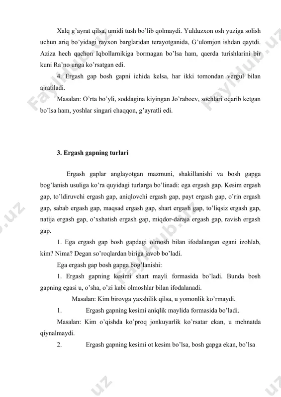 ma’noni to’ldiradi. to`ldiruvchi ergash gap bosh gapga birikishi: 1. ergash gapning kesimi, odatda, shart mayli formasida bo’ladi: ergash gap tarkibida kim, kimki, nima olmoshi bo’lib, bu olmoshlar bosh gapga to’ldiruvchi vazifasida kelgan, u, shu, o’sha olmoshlariga mos keladi. masalan: sportda kim ilg’or bolsa, uni hamma hurmat qiladi 2. ergash gap bosh gapga –ki bog’lovchisi yordamida birikadi. bosh gap tarkibida ko’pincha shu olmoshi bo’lib, ergash gap o’sha olmoshining ma’nosini oladi. masalan: shunga erishaylikki, kursimizda birorta ulgurmovchi talaba bo’lmasin. ko’pincha bosh gap tarkibidagi olmosh ishlatilmaydi. masalan: kishilar istaydayki, hamisha ravshan bo’lsin kuni-kuni ertalar, kuni-kuni istiqbol. 4. aniqlovchi ergasg gap bosh gapdagi olmosh bilan ifodalangan biror bo’lakning belgi, xususiyatni aniqlaydi. aniqlovchi ergash gap bosh gapga birikishi: 1. ergash gap tarkibida kim, kimki, kimda-kim, kimning kabi olmoshlar qatnashib, kesimi shart mayli formasida bo’ladi. bunday ergash gap bosh gap tarkibidagi qaratqichni aniqlaydi. bu qaratqich iii-shaxs olmoshi bilan yoki u, o’sha ko’rsatish olmoshlari va otdan tarkib …