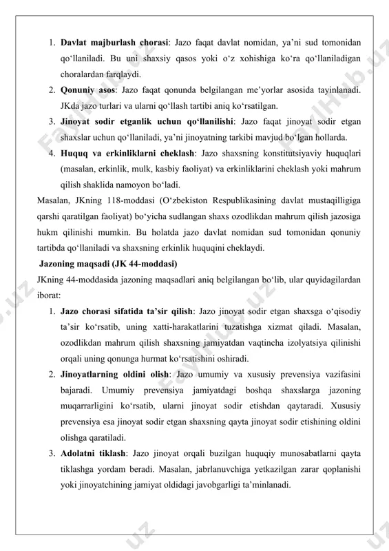 y ta’sir ko‘rsatib, uning xatti-harakatlarini tuzatishga xizmat qiladi. masalan, ozodlikdan mahrum qilish shaxsning jamiyatdan vaqtincha izolyatsiya qilinishi orqali uning qonunga hurmat ko‘rsatishini oshiradi. 2. jinoyatlarning oldini olish: jazo umumiy va xususiy prevensiya vazifasini bajaradi. umumiy prevensiya jamiyatdagi boshqa shaxslarga jazoning muqarrarligini ko‘rsatib, ularni jinoyat sodir etishdan qaytaradi. xususiy prevensiya esa jinoyat sodir etgan shaxsning qayta jinoyat sodir etishining oldini olishga qaratiladi. 3. adolatni tiklash: jazo jinoyat orqali buzilgan huquqiy munosabatlarni qayta tiklashga yordam beradi. masalan, jabrlanuvchiga yetkazilgan zarar qoplanishi yoki jinoyatchining jamiyat oldidagi javobgarligi ta’minlanadi. amaliy misol sifatida, jkning 139-moddasi (bovsala qilish) bo‘yicha sudlangan shaxsga jarima jazosi qo‘llanilishi mumkin. bu jarima nafaqat jinoyatchini jazolash, balki jabrlanuvchiga yetkazilgan moddiy yoki ma’naviy zararni qoplashga xizmat qiladi, shu bilan adolat tamoyilini amalga oshiradi. jazoning boshqa huquqiy choralardan farqi jazo boshqa huquqiy choralardan, masalan, ma’muriy yoki fuqarolik-huquqiy choralardan bir qator xususiyatlari bilan farqlanadi: 1. qo‘llanilish sohasi: jazo faqat jinoyat sodir etgan shaxslar uchun qo‘llaniladi, …