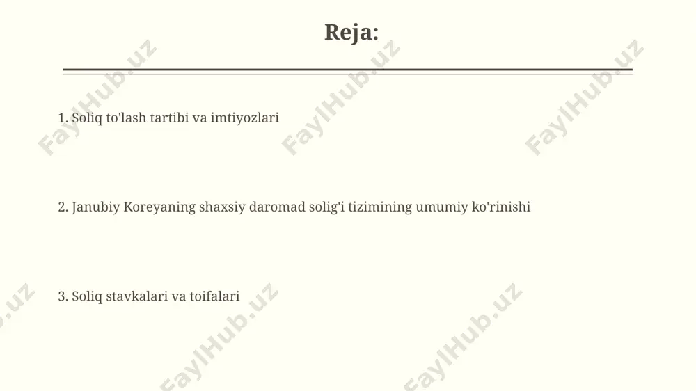soliq to'lovchilarning qulayligi uchun, elektron soliq deklaratsiyalarini topshirish muddati 30-apreldan 15-mayga uzaytirildi, bu esa qo'shimcha 15 kunlik imkoniyat yaratadi. kichik va o'rta biznes sub'ektlarini qo'llab-quvvatlash maqsadida, 2024-yildan boshlab, foyda solig'i stavkalari 25% dan 20% gacha pasaytirildi, bu esa 5% lik imtiyozni ta'minlaydi. janubiy koreyaning shaxsiy daromad solig'i tizimi umumiy ko'rinishi janubiy koreyada shaxsiy daromad solig'i progressiv tizim bo'yicha qo'llaniladi, ya'ni daromad miqdori oshishi bilan soliq stavkalari ham ortadi, eng yuqori stavka 42% ga yetadi. janubiy koreyada soliq yili 1 yanvardan 31 dekabrgacha davom etadi va soliq deklaratsiyasi odatda keyingi yilning may oyiga qadar topshirilishi kerak bo'ladi, kechiktirilgan topshirish uchun jarima belgilanadi. soliq stavkasi va chegaralari janubiy koreyada soliq stavkalari progressiv bo'lib, daromad miqdoriga qarab 6% dan 45% gacha o'zgaradi, bu yerda yuqori daromad egalari yuqori stavkalarni to'laydi. soliq to'lovchilarning shaxsiy chegirmalari, masalan, bolalar uchun chegirma va tibbiy xarajatlar uchun chegirma, umumiy soliq yukini kamaytiradi. daromad turlari va ularning soliqqa tortilishi …