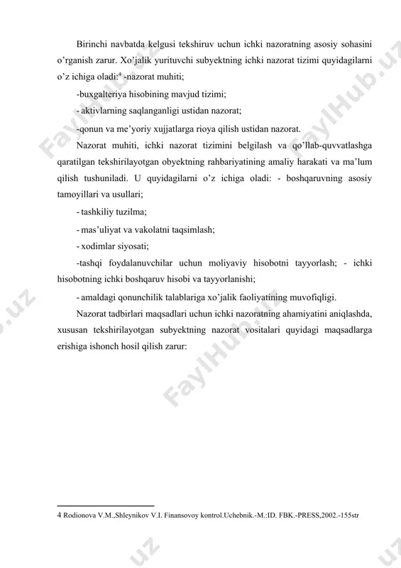 vchi sub’ektning ichki nazorat tizimi quyidagilarni o’z ichiga oladi: nazorat muhiti; buxgalteriya hisobining mavjud tizimi; aktivlarning saqlanganligi ustidan nazorat; - qonun va me’yoriy xujjatlarga rioya qilish ustidan nazorat; nazoratning alohida stavkalari. -xo’jalik operasiyalari butun hamda muayyan vaziyatlarda rahbariyatni ma’qullash bilan bajariladi; · barcha operasiyalar buxgalteriya hisobida to’g’ri summalarda, buxgalteriya hisobining tegishli hisoblarda, to’g’ri davrda, xo’jalik yurituvchi subyektda qabul qilingan hisob siyosati bilan muvofiqlikda belgilanadi va to’g’ri buxgalteriya hisoboti tayyorlash imkoniyatini ta’minlaydi; · aktivlardan foydalanish muvofiq rahbariyatning ruxsati bilangina mumkin; · buxgalteriya hisobida belgilangan va haqiqatda mavjud aktivlarga muvofiq holda rahbariyat tomonidan belgilangan davriylikda va rahbariyatning tafovuti holatlarida tegishli harakatlar qabul qilinadi. undan tashqari, tekshirilayotgan obyektda bunday tadbirlarni qo’llashda quyidagilarga ishonch hosil qilish kerak: -buxgalteriya yozuvlarining to’g’riligini arifmetik tekshirish; · hisob-kitoblar qiyosini o’tkazish; -rahbar xodimlarning hujjat aylanmasi to’g’riligi va ruxsat yozuvlarini mavjudligini tekshirish; · belgilangan davriy rejalar tartibiga muvofiq holda va kassadagi naqd pullar, jiddiy hisobot blanklari, buxgalteriya hisobi ma’lumotlari va …