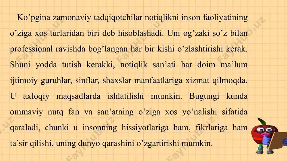 ni muhokamaga jalb etishi kerak. bu metod, nafaqat tinglovchilarni qiziqtiradi, balki ilmiy tadbirning samaradorligini oshiradi. «notiqlik san'ati akademiyasi» nodavlat ta'lim muassasasi nutq mahorati va notiqlik san'atini egallash istagida bo‘lganlarni chorlaydi. muassasa o‘z o‘quvchilariga quyidagi bilimlarni o‘rgatadi: - omma oldida nutq so‘zlash, fikrni erkin bayon etish, qo‘rquv va hayajonni yengish; - televideniye va radiokanallarga intervyu berish; - muloqot va muomala madaniyatini rivojlantirish; - majlis va turli anjumanlarni boshqarish, har xil tadbir va marosimlarda boshlovchilik qilish; - kitob mutolaasi, kitobsevarlikka chorlash, o‘qish va uqish sirlarini o‘rgatish; - adabiy til me'yorlariga rioya qilgan holda, og‘zaki va yozma nutq madaniyatiga amal qilish ko‘nikmasini hosil qilish; - minbar, mikrofon va videokamera orqali jamoatchilikka fikr yetkazish madaniyati; - idoraviy hujjatlar, rasmiy, ish yuritish qog‘ozlarini to‘g‘ri yozish va to‘ldirish qoidalarini o‘rgatish; - mantiqiy mushohada yuritish va yangicha fikrlash tarzini shakllantirish; - har bir xodimda nutq mahorati va notiqlik san'atini takomillashtirish; - ta'sirchan so‘zlash va ifodali o‘qish qoidalarini …