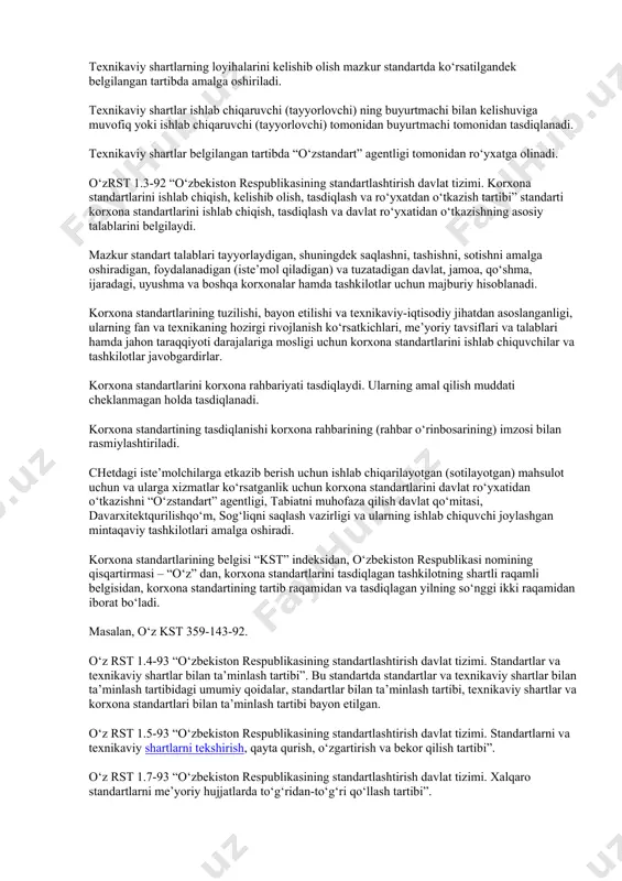 ‘rsatkichidan – o’z dst; ro‘yxatning tartib raqamidan va tasdiqlangan yilning oxirgi ikki sonidan iborat bo‘ladi. masalan, o‘zrst 5.96-93 “texnik chigit, texnik sharoit”, o’zdst 816:2001 “tozalangan paxta yog‘i” va h.k. ro‘yxatga oluvchi idora asl nusxa, ikkinchi nusxasi va ikkita ko‘chirmaning birinchi betiga o‘zining nomini ko‘rsatadigan to‘rtburchak muhrni bosadi, sana va davlat ro‘yxatining nomerini yozib qo‘yadi. ikkinchi nusxa “o‘zstandart” agentligida qoladi, asl nusxa va ko‘chirmaning ikkinchi nusxasi esa ishlab chiquvchiga qaytariladi. o‘zrst 1.2-92 “o‘zbekiston respublikasining standartlash-tirish davlat tizimi. texnikaviy shartlarni ishlab chiqish, kelishib olish, tasdiqlash va davlat ro‘yxatidan o‘tkazish tartibi” standartida muayyan mahsulotning (xizmatning) texnikaviy shartlarini, shuningdek ularga kiritiladigan o‘zgartishlarini ishlab chiqish, tasdiqlash va davlat ro‘yxatidan o‘tkazish tartibi haqida gap boradi. o‘zbekiston respublikasi texnikaviy shartlarining loyihalari va ularga kiritiladigan o‘zgartishlar standartlash-tirish texnika qo‘mitalari tomonidan ishlab chiqiladi. asoslangan hollarda texnikaviy shartlar loyihalarini vazirliklar, mahkamalar, uyushmalar, konsernlar yoki standartlashtirish bo‘yicha tayanch tashkilotlari, davlat, kooperativ, ijara, aksionerlik korxonalari, qo‘shma korxonalar, muassasalar va tashkilotlar, texnika qo‘mitalari …