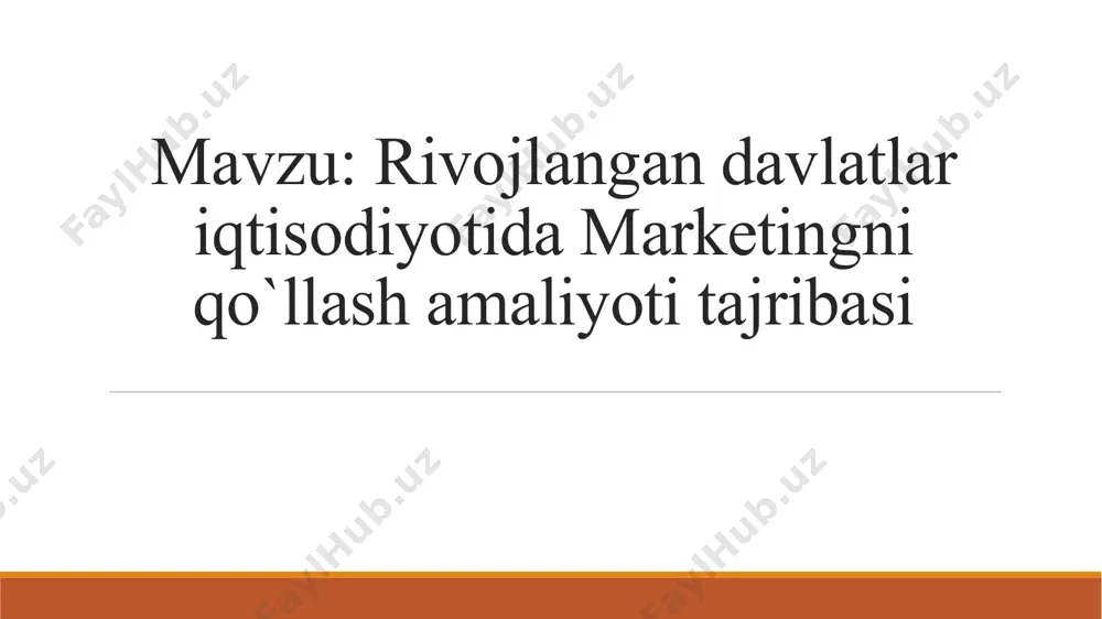 g afzalliklari. mat qaror qabul qiluvchilar uchun mavjud variantlar sonini oshiradi va marketing strategiyasining har bir elementini qo'llab-quvvatlaydi. mat marketing bo'limining mijozlar, etkazib beruvchilar va boshqa hamkorlar bilan qanday munosabatda bo'lishiga ta'sir qiladi. matning asosiy afzalliklari funktsional integratsiya, bozor monitoringi, strategiyani ishlab chiqish va amalga oshirish sohalariga ta'sir qiladi. marketing axborot tizimi tashkilot ichki hisoboti tizimi marketing tashqi xabarnoma axborot tizimi axborotga boʻlgan ehtiyojni belgilash axborotni taqdim etish qaror qabul qilishni quvvatlovchi tizim marketing tadqiqot tizimi marketing boʻyicha menejer tahlil qilish rejalash-tirish amalga oshirish nazorat qilish marketing muhiti maqsadli bozor marketing kanallari raqobatchilar ichki va tashqi ishtiyoqli guruhlar makro-muhit omillari marketing axboroti tizimining umumiy ko‘rinishi marketing ahborotlariga qo'yiladigan talablar axborot bozor sub'ekti xolatiga xaqqoniy baho berishi axborot dolzarb bo'lishi, yangi va o'z vaqtida yig'ilishi zarur axborot to'liq bo'lishi, korxona faoliyatini barcha zarur ma'lumotlarini o'z ichga olishi zarur axborot taqqoslanuvchan, yig'ilish uslubi o'xshash, vaqti bir xil, o'lchov birliklari aniq va izlanayotgan …