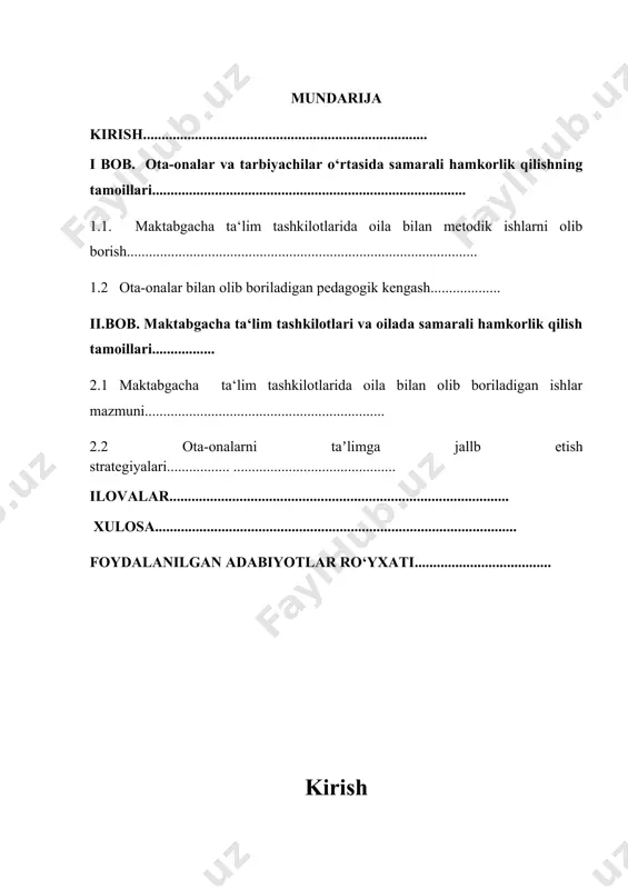 n. biz kimmiz, qanday ulug‘ zotlarning avlodimiz, degan da’vat ularning qalbida doimo aks-sado berib, o‘zligiga sodiq qolishga undab tursin. bunga nimaning hisobidan erishamiz? taʼlim tarbiya, tarbiya va faqat tarbiya hisobidan. o'zbekiston respublikasi prezidenti sh.m.mirziyoyev. mavzuning dolzarbligi. ma'lumki maktabgacha ta'lim ta'lim tizimining eng boshlang'ich bo'g'ini hisoblanadi. maktabgacha ta’lim vazirligi oilalar va mahalliy jamoatchilik bilan hamkorlikka alohida e’tibor qaratmoqda. maktabgacha yoshdagi bolani to’liq tarbiyalash oila, mahalliy jamoatchilik va maktabgacha ta`lim tashkiloti o’rtasida yaqin hamkorlik sharoitida amalga oshiriladi.ma’lumki, oila bolalarni ijtimoiylashishi uchun birinchi va eng muhim institutdir. ”ilk qadam” davlat o’quv dasturini amalga oshirishda maktabgacha ta’lim tashkilotlariga oila va mahalliy jamoatchiliklar bilan yaqindan hamkorlik qilish vazifalarini qo’ydi. lbolalarni oilaviy tarbiyalashda maktabgacha yoshdagi bolalarni maktabgacha ta’lim tashkilotlari bilan o’zaro hamkorligi boshlang’ich ta’limga bolalarni sifatli tayyorlashning umumiy qoidalarini ishlab chiqishdan iborat. taʼlim tarbiya jarayoni uchun shart- sharoitlar yaratish kabi dolzarb masalalarni hal etishda alohida ahamiyat kasb etmoqda. bu muhim vazifalarni hal etish bugungi kunda maktabgacha …