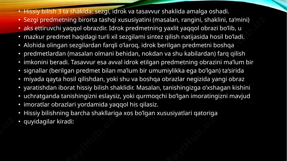 , g’oya, argumentlash va shu kabilar) da amalga oshadi. mantiq ilmining alohida fan sifatida shakllanishi aristotelning nomi bilan bog’liqdir. u birinchi bo’lib, mantiq ilmi o’rganadigan masalalar doirasini aniqlab berdi. aristotelning «gatekoriyalar», «talqin haqida», «birinchi analitiga», «ikkinchi analitiga», «sofistik raddiyalar haqida», «topiga» nomli asarlari bevosita mantiq masalalariga bag’ishlangandir. uning «ritoriga», «poetiga» asarlari ham mantiqiy ta’limotining muhim tarkibiy qismlari hisoblanadi. «metafizika», «ruh haqida» asarlarida esa mantiq masalalari ma’lum darajada bayon qilingan. aristotel mantiqni «ma’lum bilimlardan noma’lum bilimlarni aniqlovchi», «chin fikmi xato fikrdan ajratuvchi» fan sifatida ta’riflaydi. mantiqning vazifasi chin fikmi, haqiqatni aniqlashdir, deb ta’kidlaydi. epikur (er. av. 341-270) falsafada birinchi o’ringa bilish nazariyasi va mantiqni qo’ygan, ikkinchi o’rinda - fizika, uchinchi o’rinda - axloq bo’lgan. u tug’ma g’oyalar yo’q, bilimlarimizning manbai - sezgilardir, sezgilarimiz yolg’on ma’lum ot bermaydi, faqat xulosa chiqarishdagina inson xatoga yo’l qo’yishi mumkin, deb ta’kidlaydi. epigur xulosa chiqarishda ko’proq analogiya va indugsiyaga ahamiyat bergan. e’tiboringiz uchun raxmat!!!! image2.png image3.jpeg …