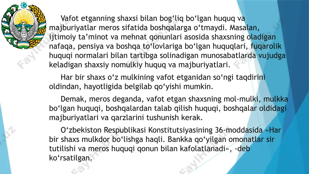 hamda vasiyat bo‘yicha belgilangan meros mulkini qabul qilib olish yoki undan voz kechish; to‘rtinchidan, merosga bo‘lgan huquq to‘g‘risida guvohnoma berish va kreditlarning da’vo qo‘zg‘atishi uchun muddatni belgilash va boshqa merosga oid huquqiy munosabatlarni amalga oshirish bilan bevosita bog‘liqdir. fkning 1116-moddasiga asosan, meros qoldiruvchining vafot etgan kuni (zarur bo‘lganda payti ham), meros ochilgan vaqt deb sanaladi. fuqaro vafot etgan deb e’lon qilingan hollarda, agar sudning qarorida boshqacha muddat ko‘rsatilgan bo‘lmasa, vafot etgan deb e’lon qilish to‘g‘risirdagi hal qiluv qarori qonuniy kuchga kiradigan kun meros ochilgan vaqt hisoblanadi. fuqaroning o‘limi fakti fuqarolik hamda dalolatnomalarni qayd qilish idoralari tomonidan berilgan fuqaroning vafot etgani to‘g‘risidagi guvohnoma bilan tasdiqlanadi. har xil baxtsiz hodisalar oqibatida bedarak yo‘qolgan shaxslarning vafot etgan kunini aniqlashda, sud shu baxtsiz hodisa ro‘y bergan vaqtni fuqarolik vafot etgan kun deb hal qiluv qarorida ko‘rsatishi mumkin. bunday hollarda sud qarorida ko‘rsatilgan kun merosning ochilgan vaqti hisoblanadi. fkning 36-moddasiga asosan, agar fuqaroning qaerda turganligi …
