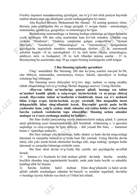 itib, mulkka egalik qilish, undan maqsadga muvofiq foydalanish, o‘ziga to‘q yashash to‘g‘risidagi ilg‘or fikrlarni ilgari suradi. u odamlarga, avlodlarga zarar keltirmaydigan mol-mulk orttirish foydali ish ekanligi, boshqalar uchun zarar keltiradigan boylik to‘plash, mol-mulk orttirish esa yomon odat ekanligini aytib o‘tadi. forobiy kishilarni mulkiy qonunlar asosida tarbiyalash masalasiga alohida e’tibor beradi. uningcha ma’rifatli, qonun asosida ish yuritadigan, huquqiy madaniyatli kishilar jamiyat taraqqiyotida muhim rol o‘ynaydilar va aksincha, “...shahar aholisi ma'rifatsiz, tajribasiz odamlar va bolalardan iborat bo‘lsa, u holda ular qonun o'rnatgan tartib va boshqaruv usulini qabul qilmaydilar”. ko‘rinib turibdiki, qonun-qoidalar asosida ish yuritishga alohida e’tibor qaratilgan. huquqiy tarbiya, madaniyat mulkni to‘g‘ri tasarmf etish, undan unumli foydalanish va mulkni ko‘paytirishga undaydi. forobiyning ta'kidlashicha “mulk orttirishda unchalik xavf yo‘q... mulkni ehtiyot qilib saqlab, o‘z ehtiyoji uchun ishlatsa, buyomon hisoblanmaydi’’. forobiyning mulkchilik to‘g‘risidagi iqtisodiy fikrlarining to‘g‘ri ekanligini hayotning o‘zi ko‘rsatib berdi. mamlakatimizda mulkdorlar sinfining shakllanib, ularning soni ko‘payib, iqtisodiyotni rivojlantirishda roli ortib borayotgan hozirgi …