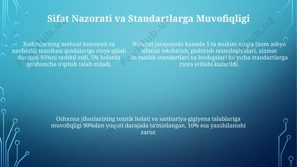 nergiya samaradorlik sinfiga ega modellarni tanlash tavsiya etiladi. kelajak rejalari kelajak rejalari oshxonasi oyiga o'rtacha 250 dan ortiq turli xil taomlar tayyorlaydi, bu esa har kuni taxminan 8-10 ta yangi retseptlarni qo'llashni bildiradi. kelajak rejalari oshxonasida 15 nafar malakali oshpaz faoliyat yuritadi va ularning har biri kamida 5 yillik tajribaga ega bo'lib, 3 turdagi milliy taomlar tayyorlash bo'yicha sertifikatlarga ega. oshxonaning o'rtacha oylik mahsulot aylanmasi 10 million so'mdan oshib, bu raqamning 60%ini yangi mahsulotlar va xom ashyo sotib olish tashkil etadi. ish jarayonlarining samaradorligi mahsulot chiqindilarining miqdori 10% ga kamaydi, bu esa xom ashyo xarajatlarini tejashga va rentabellikni oshirishga olib keldi. sifat nazorati tizimini takomillashtirish muhim rol o'ynadi. oshxona jarayonlarining samaradorligi 15% ga oshdi, yangi texnologiyalarni joriy etish va xodimlarni qayta tayyorlash natijasida o'rtacha ish vaqti 20 daqiqaga qisqardi. oshxonada xavfsizlik choralari kuchaytirildi, natijada ishchilar orasida jarohatlar soni 5% ga kamaydi. xavfsizlik ko'rsatkichlari va standartlariga rioya qilish muhim ahamiyat kasb …