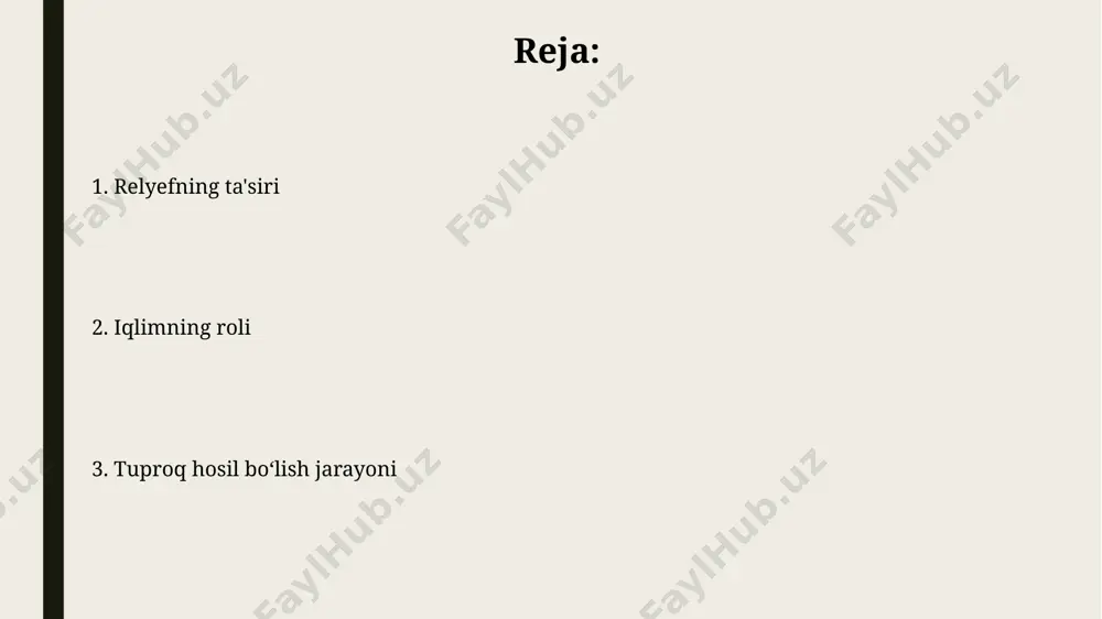 a 200 mm dan kam yogʻin tufayli, tuproqning yupqa qatlami hosil boʻladi va shoʻrlanish jarayoni kuzatiladi, bu esa tuproq unumdorligini pasaytiradi. iqlim oʻzgarishi va tuproq degradasiyasi iqlim o'zgarishi tufayli o'zbekistonning qashqadaryo viloyatida 20% ga yaqin yerlar cho'lga aylanib, tuproq eroziyasi 30% ga oshgan. markaziy osiyo mamlakatlarida, jumladan, o'zbekistonda 50% dan ortiq yerlarning unumdorligi iqlimning qurg'oqchilikka moyilligi tufayli pasaygan. turli relyef shakllarida tuproq turlari pasttekisliklarda, xususan, qoraqalpog'istonning qumli cho'llarida, yillik yog'in miqdori 100 mm dan kam bo'lgan sharoitda, takomillashmagan qumli tuproqlar ustunlik qiladi, ularning tuzilishi bo'sh va ozuqaviy moddalarga kambag'aldir. o'rta osiyo tekisliklarida, masalan, surxondaryo viloyatining janubiy qismida, yillik 300-400 mm yog'in miqdori bilan, bo'z tuproqlar keng tarqalgan bo'lib, ularning unumdorligi o'rtacha hisoblanadi va sug'orishga juda sezgir. iqlim va relyefning oʻzaro taʼsiri nam subtropik iqlimli, 500 mm dan ortiq yog‘ingarchilik bo‘lgan, taxiatosh kabi hududlarda relyefning nishabligi tufayli, eroziya jarayonlari kuchayib, qizil tuproqlarning rivojlanishi cheklanadi. tog‘li hududlarda, masalan, farg‘ona vodiysining shim. yon …