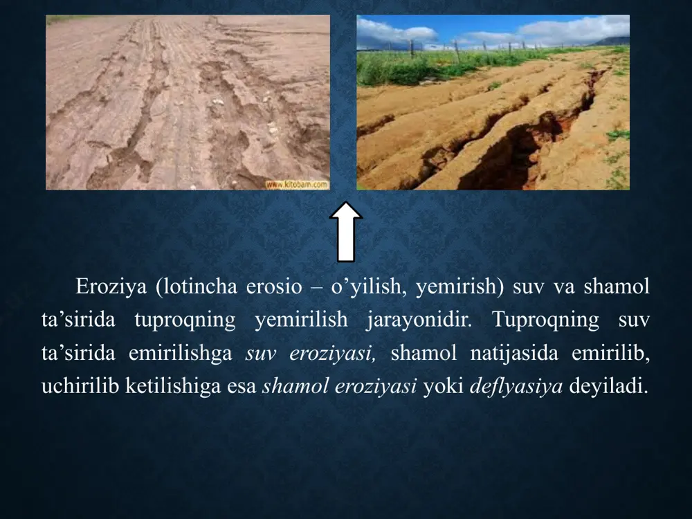 iyasining rivojlanish jadalligi (1 kv. kilometr maydondagi jarliklarning uzunligi km hisobida) darajasi quyidagi gradatsiya bilan baholanadi: kuchsiz jarlanish-0,25 km/km2 dan kam; o’rtacha 0,25-0,50; kuchli-0,50-0,75 va juda kuchli-0,75 dan ko’p. tog’li o’lkalarda oddiy suv eroziyasi bilan birga sel oqimlari ta’siridagi yuvilish ham keng tarqalgan. dunyo bo‘yicha, quruqlikdagi erning 31 % suv eroziyasi va 34 % shamol eroziyasiga mubtalo bo‘lishi natijasida 430 mln ga erdan 60 mlrd tonna mahsulot tuproqdan olib chiqib ketiladi. shu davrgacha qishloq xo‘jaligida foydalanilgan erdan ikki milliard gektar va 2000 yil ohiriga borib esa yana bir milliard gektar er eroziya natijasida ishdan chiqishi aniqlangan. tuproqning suv va shamol ta’sirida emirilishiga eroziya deyiladi. eroziya sodir bo‘lgan maydonlarda suv va shamol tuproqning unumdor qatlamini yemirib, bir joydan ikkinchi joyga olib borib yotqizadi. natijada tuproqning unumdorligi pasayib, bu erga ekilgan ekinlarning hosildorligi nihoyatda kamayib ketadi. эрозияни келтириб чиқарувчи вақтинчалик сув оқимлари қор ва ёмғир сувлари суғориш сувлари эрозия шакллари ирригация сув …