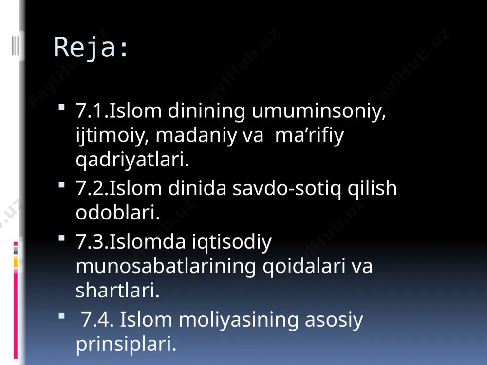 oʼrganishdir”. foydada haddan oshmaslik. tijorat ishlarida foyda meʼyori, sof foydani hisoblash va tovarga ustama haq belgilash masalasi doimo munozarali va hassos masalalardan boʼlib kelgan. aslida, sotuvchi oʼz tovariga qanday narx qoʼyishidan qatʼi nazar, haqiqiy va yakuniy narxni bozor belgilaydi. yanada aniqroq aytganda, bozordagi real narx navo tovarga boʼlgan talab va taklifdan kelib chiqadi. uni hech kim sunʼiy ravishda oʼrnata olmaydi. narxni sunʼiy oshirsa, tovar ketmay qoladi. sunʼiy tushirsa, defitsit hosil boʼladi va chayqovchilikka yoʼl ochib beradi. imom molik mazhabida foyda miqdorini 1/3 (33%) yoki undan ham kamroq hisoblash tavsiya etiladi. biroq, hanafiy mazhabida foydaning chegarasi aniq belgilanmagan, uni belgilash har bir kishining oʼz insof mezoniga havola etiladi. anʼanaviy banklar quyidagi faoliyatlar asosida daromad olishadi: • pulni qarz / kreditga berib; • mijozlarga pullik bank xizmatlari koʼrsatish orqali (pul oʼtkazish kabi); • chayqov amaliyotlari orqali (dilerlik amaliyoti, foreks kabi); • boshqa turdagi faoliyat doirasida (masalan oʼz mablagʼlarini turli loyihalarga investitsiya qilish …