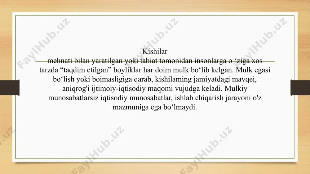 o'z xohishi deganda, uning o'z erki, irodasi bilan o'z manfaatlarini ko'zlab, birovning (uchinchi shaxslaming) tazyiqisiz, g'ayrihuquqiy ta’sirsiz harakat qilishi nazarda tutiladi. e’tiboringiz uchun rahmat! image5.png image6.png image3.png image4.png