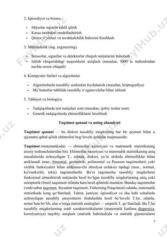 ni ko‘rsatadigan funksiya. ta’rif. tajriba natijasida u yoki bu qiymatni qabul qilishi oldindan ma’lum bo’lmagan miqdor tasodifiy miqdor deyiladi. tasodifiy miqdorlar lotin alifbosining bosh harflari (yoki grek alifbosining kichik harflari (ksi), (eta), (dzeta),…) bilan, qabul qiladigan qiymatlari esa kichik harflar bilan belgilanadi. amaliyotda asosan 2 xildagi tasodifiy miqdorlar bilan ish ko’riladi:dikret va uzluksiz. tasodifiy miqdorlarga misollar keltiramiz: 1) tavakkaliga olingan mahsulotlar ichida sifatsizlari soni; 2) ta o’q uzilganda nishonga tekkanlari soni; 3) asbobning beto’xtov ishlash vaqti; 4) kesmadan tavakkaliga tanlangan nuqtaning koordinatalari; 5) bir kunda tug’iladigan chaqaloqlar soni va h.k. ta’rif. agar tasodifiy miqdor chekli yoki sanoqli sondagi qiymatlar qabul qilsa, bunday tasodifiy miqdor diskret tasodifiy miqdor deyiladi. ta’rif. chekli yoki cheksiz oraliqdagi barcha qiymatlarni qabul qilishi mumkin bo’lgan miqdorga uzluksiz tasodifiy miqdor deyiladi. endi tasodifiy miqdorni qat’iy ta’rifini keltiramiz . taqsimot funksiyasi quyidagicha aniqlanadi: ya’ni, – tasodifiy miqdor x qiymati x dan kichik yoki unga teng bo‘lish ehtimoli. diskret …