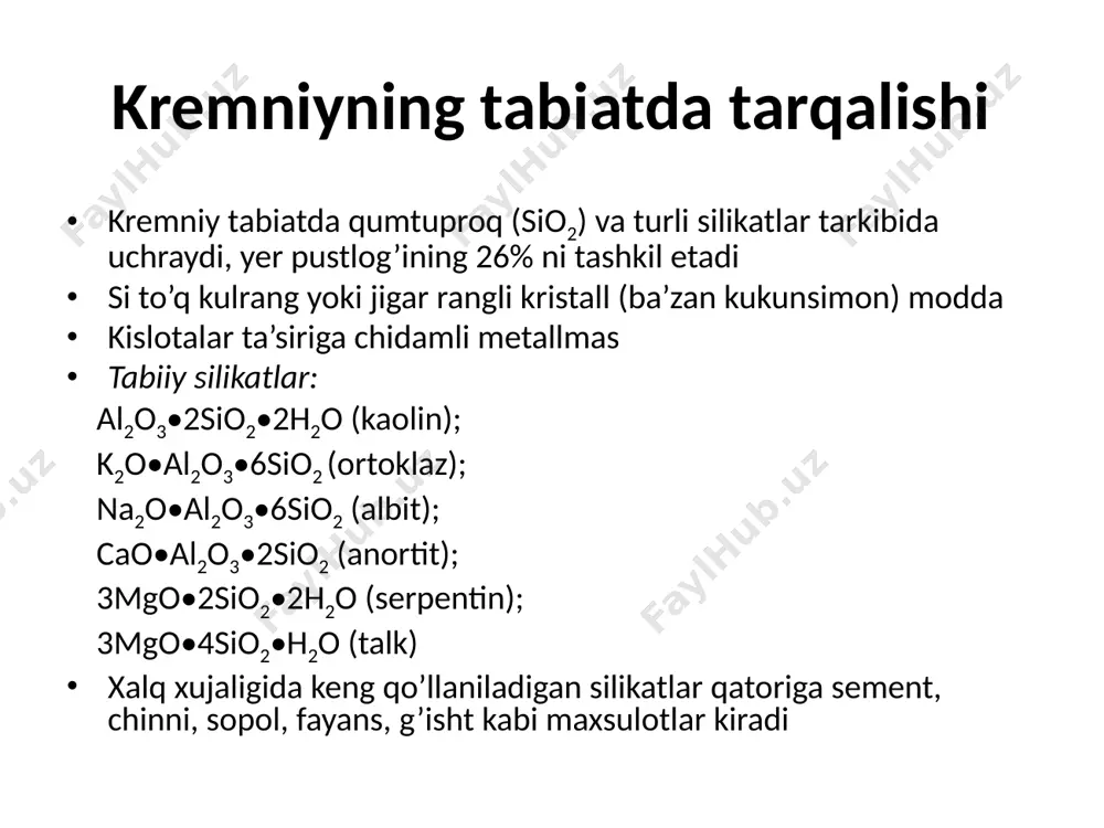 nt tabiiy silikatlar, qum tuproq, oxaktosh caco3 birgalikda aralashtirilib, 1400-14500c da qizdirib, maydalab olinadigan kukunsimon maxsulot. sement ishlab chiqarish uchun tarkibida 64-67% cao, 21-24% sio2, 4-7% al2o3 va 2-4% fe2o3 saqlagan klinker xosil qilish uchun mos keluvchi shixta tayyorlanadi va yuqori temperaturada qizdiriladi. xosil bo’lgan qizdirish maxsuloti - klinker asosan kalsiy silikati va alyuminatlardan iborat qattiq maxsulot bo’lib, tegirmonda maydalanadi. xosil bo’lgan maxsulot - sement turli markalar bilan xarakterlanadi: 200, 250, 300, 400, 500 va 600. buning ma’nosi shu sement asosida tayyorlangan va 28 kun qotirib qo’yilgan qotishmaning 1 sm2 sirti 200, 250, 300, 400, 500 va 600 kg yukni ko’tara oladi. sementning chag’il-tosh, "shebenka", qum tuproqning suv bilan aralashmasi (bog’lovchi modda) beton deyiladi. agar bu beton aralashmasi "temir armatura"li karkaslar bilan quyilsa, temir-beton xosil bo’ladi. sement tarkibidagi al, fe, mn - elementlari miqdorini o’zgartirib, turli rangdagi sement ishlab chiqariladi. chinni va sopol buyumlar chinni, fayans va sopol buyumlar ishlab …