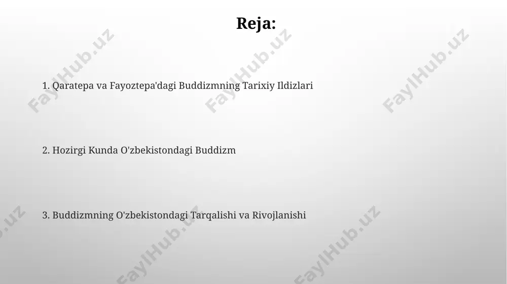 qazishmalar natijasida fayoztepa hududida 200 dan ortiq buddist haykali va minglab seramika buyumlari topilib, bu joyning muhim diniy markaz bo'lganligini ko'rsatadi. fayoztepa'dagi topilmalar milodiy 8-asrga oid bo'lib, 10 dan ortiq xona va ibodatxonalardan iborat buddist monastiri qoldiqlarini o'z ichiga oladi, bu esa uning katta hajmini ko'rsatadi. buddizmning markaziy osiyodagi tarqalishi afg'onistonning shimolda joylashgan hududlaridan, milodiy i asrdan boshlab, buddizm markaziy osiyoga, shu jumladan, qaratepa va fayoztepa kabi joylarga tarqala boshlagan, bu esa keyinchalik ma'badlar va san'at asarlari bilan tasdiqlangan. termez yaqinidagi dalverzintepa qazishmalari natijasida topilgan topilmalar, milodiy ii-viii asrlarda markaziy osiyoda buddistlarning faol hayot kechirganini va rivojlangan madaniyatga ega bo'lganini ko'rsatadi. qoratepa va fayoztepada topilgan arxeologik topilmalar qoratepa va fayoztepa’dagi arxeologik topilmalar orasida, buddist ibodatxonalarining me'moriy qoldiqlari bilan birga, taxminan 1500 dan ortiq budda tasvirlangan tangalar va 500 dan ortiq xattotlik namunalari ham aniqlangan. qoratepa’dan topilgan 7-8-asrlarga oid buddist monastiri xarobalari orasidan, ko'plab budda haykallari, sutra parchalarini o'z ichiga olgan …