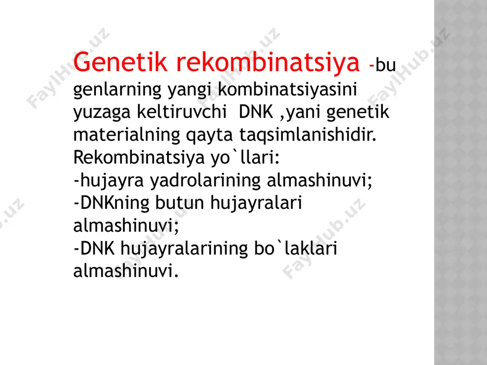 ’ uchini hosil qilib ekzonukleaza bilan gidrolizlanadi g – 3'-zanjiri boshqa dupleksga kiritiladi. dnk ning yo’qolgan bo’laklarining reparativ sintezi amalga oshadi nogomologik rekombinatsiya rekombinatsiyalanovchi dnk larning o’zaro cheklangan gomologligiga yoki umuman u siz amalga oshishiga asoslangan rekombinatsiya jarayonlari guruxidir. 1. sayt- spetsefik rekombinatsiya 2. transpozitsiya 3. noqonuniy rekombinatsiya maxsus-sayt rekombinatsiyasi. dnk ning o’zaro maxsus ketma-ketligiga odatda juda qisqa gomologlikka ega bo’lgan, taxminan 15-30 juft nukleotidlar orasida bo’ladi. bakateriyalar xromosomasiga faglar dnksining ko`chishini (qo`shilishini) ta’minlab beradi. dnkning ma’lum qisimlarinibakteriyalar xromosomasiga,bakteriofaglar va achitqilar plazmidasiga inversiyasini ta’minlaydi. immunoglobulinlarni kodlovchi dnkdagi ketma-ketliklar qayta tuzilishini ta’minlaydi. λ fag da sayt-spetsefik rekombinatsiya sxemasi. a, b – fagning ikki zanjirli dnksi xalqa bo`lib yopiladi b, v – fag dnksining bakteriya xromosomsidagi gal va bio genlari orasidagi maxsus sayt att (attachment)-saytlar orasida rekombinatsiyalashish yo`li bilan integratsiyalanishi v – profag g – rekombinatsiyalanish jarayonining umumiy ko`rinishi yozuvi transpozitsiyalar harakatchan (mobil) genetik elementlar harakatlanuvi asosidir. harakatchan elementlar – bu dnk …
