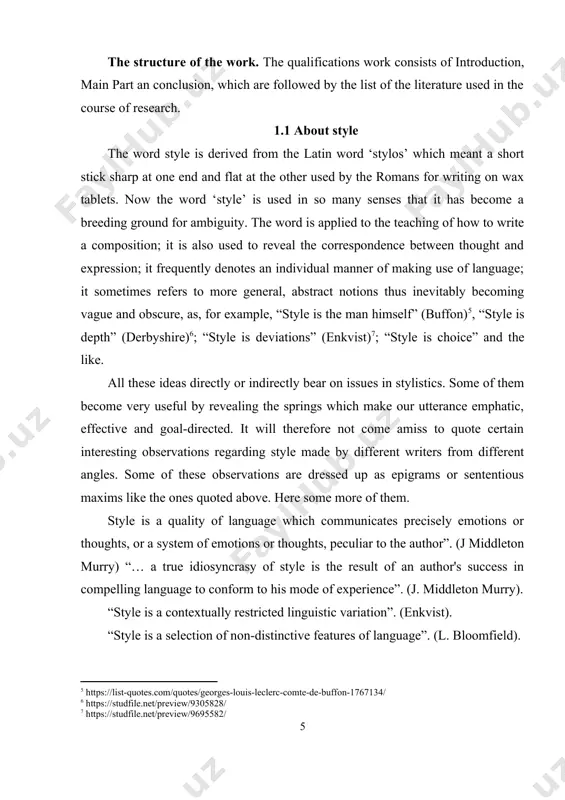 tyle is expressed by werner winter who maintains that “a style may be said to be characterized by a pattern of recurrent selections from the inventory of optional features of a language. various types of selection can be found; complete exclusion of an optional element, obligatory inclusion of a feature optional else where, varying degrees of inclusion of a specific variant without complete elimination of competing features”.[footnoteref:11] [11: winter, werner. styles as dialects. proceeding of the ninth international congress of linguists, p.324.] the idea of taking various types of selection as criteria for distinguishing styles seems to be a sound one. it places the whole problem on a solid foundation of objective criteria, namely, the interdependence of optional and obligatory features. there is no point in quoting other definitions of style. they are too many and heterogeneous to fall under one more or less satisfactory unified notion. undoubtedly all these …